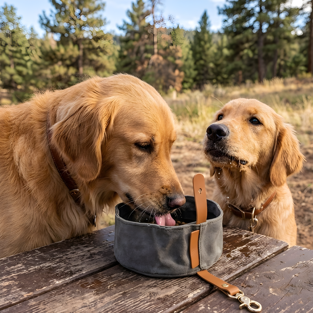 Two dogs sharing the grey Nuzzinel Pebble foldable travel dog bowl outdoors