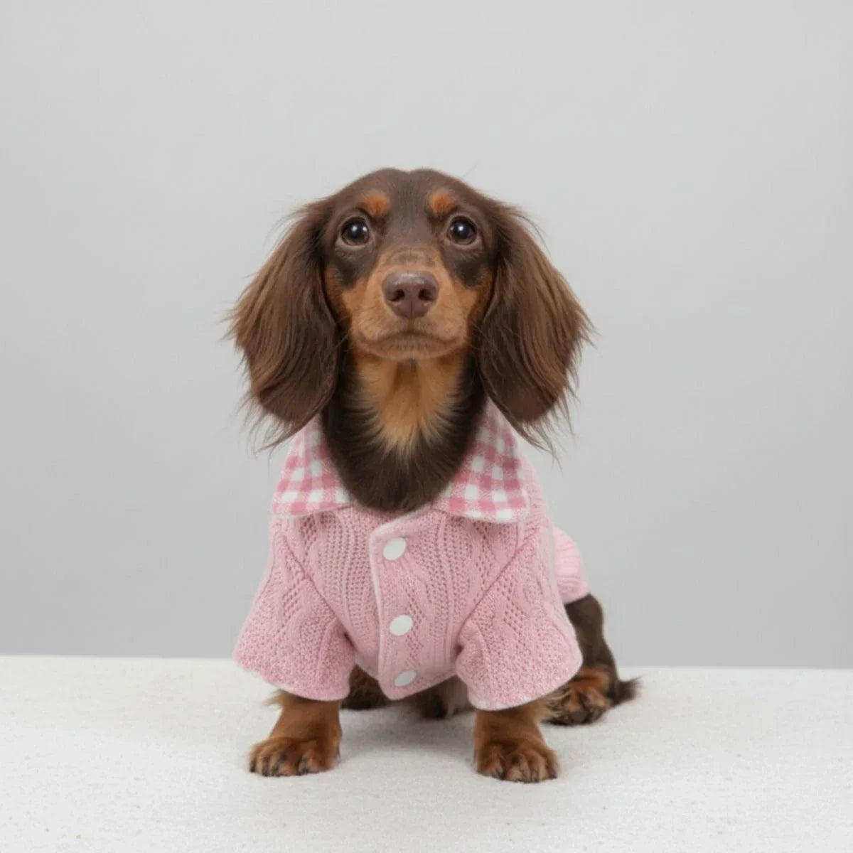 Small dog in a pink cable-knit dog sweater with plaid collar, front view
