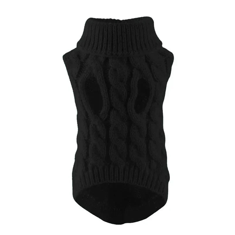 Black chunky cable-knit high-neck turtleneck dog sweater