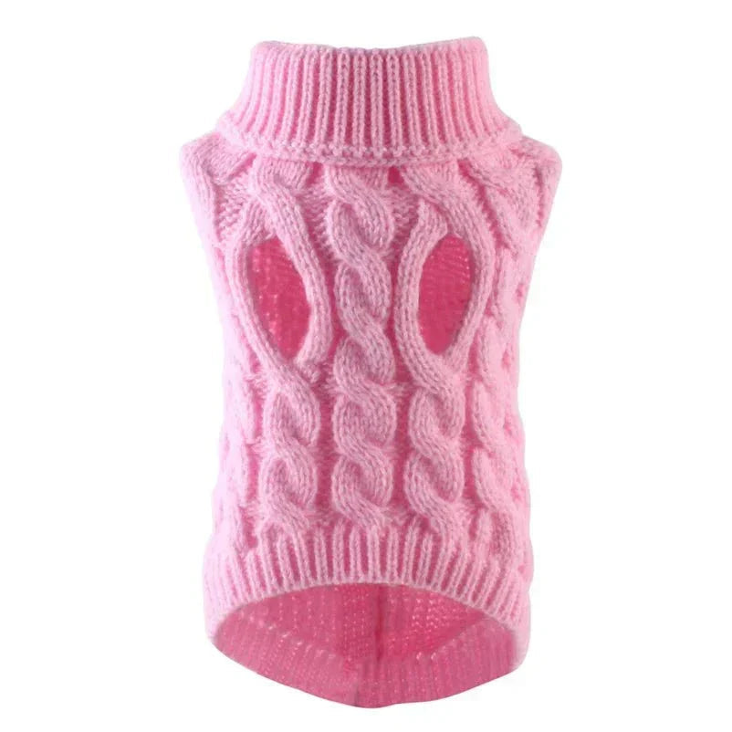 Light pink chunky cable-knit high-neck turtleneck dog sweater