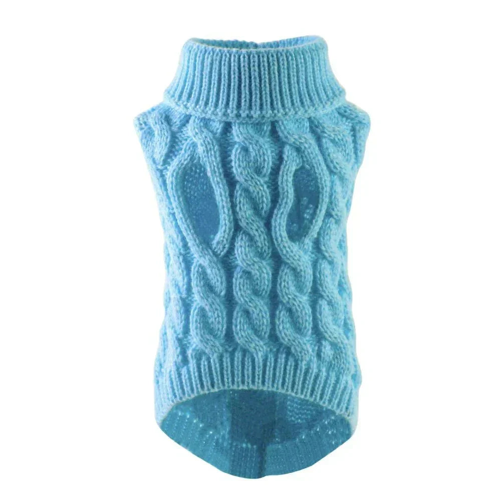 Light blue chunky cable-knit high-neck turtleneck dog sweater
