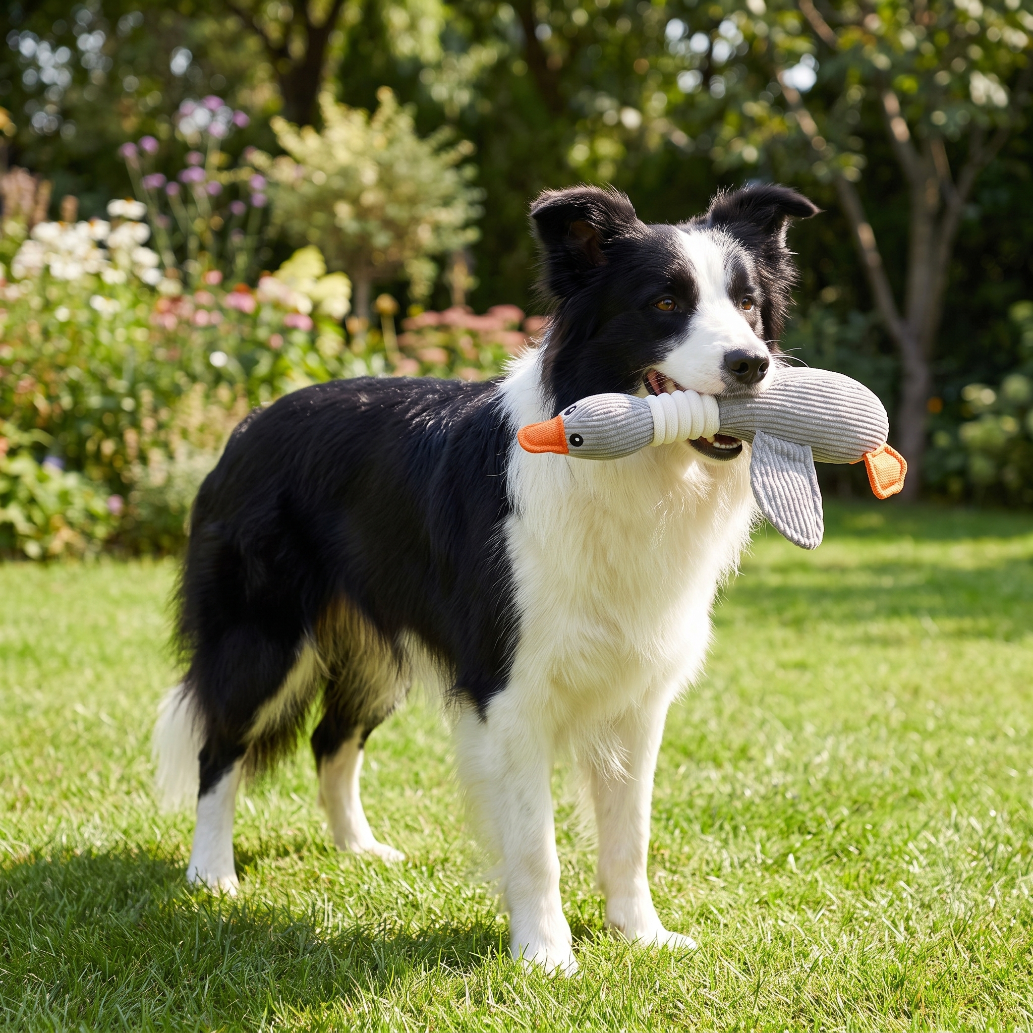Dog carrying Gray Waddles goose toy on the grass