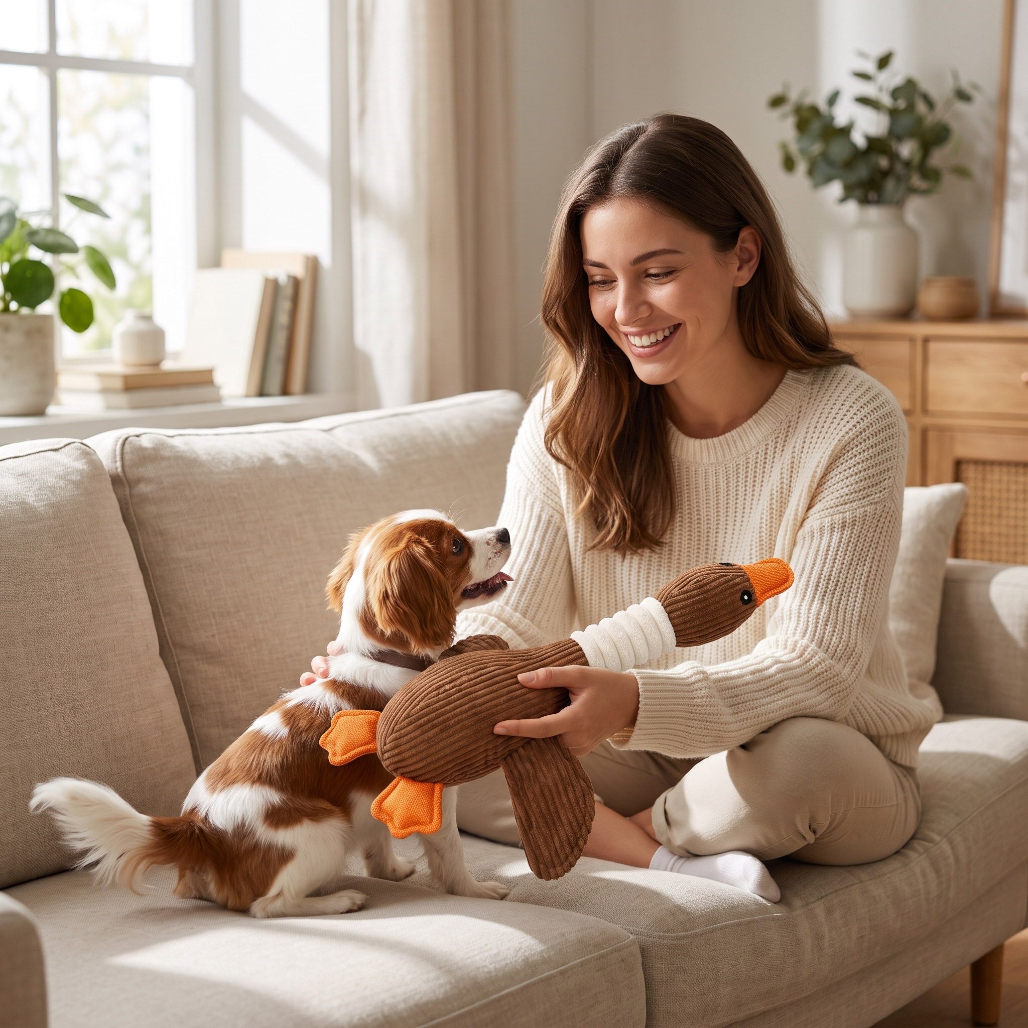 Woman playing with her dog and the Coffee Waddles goose toy