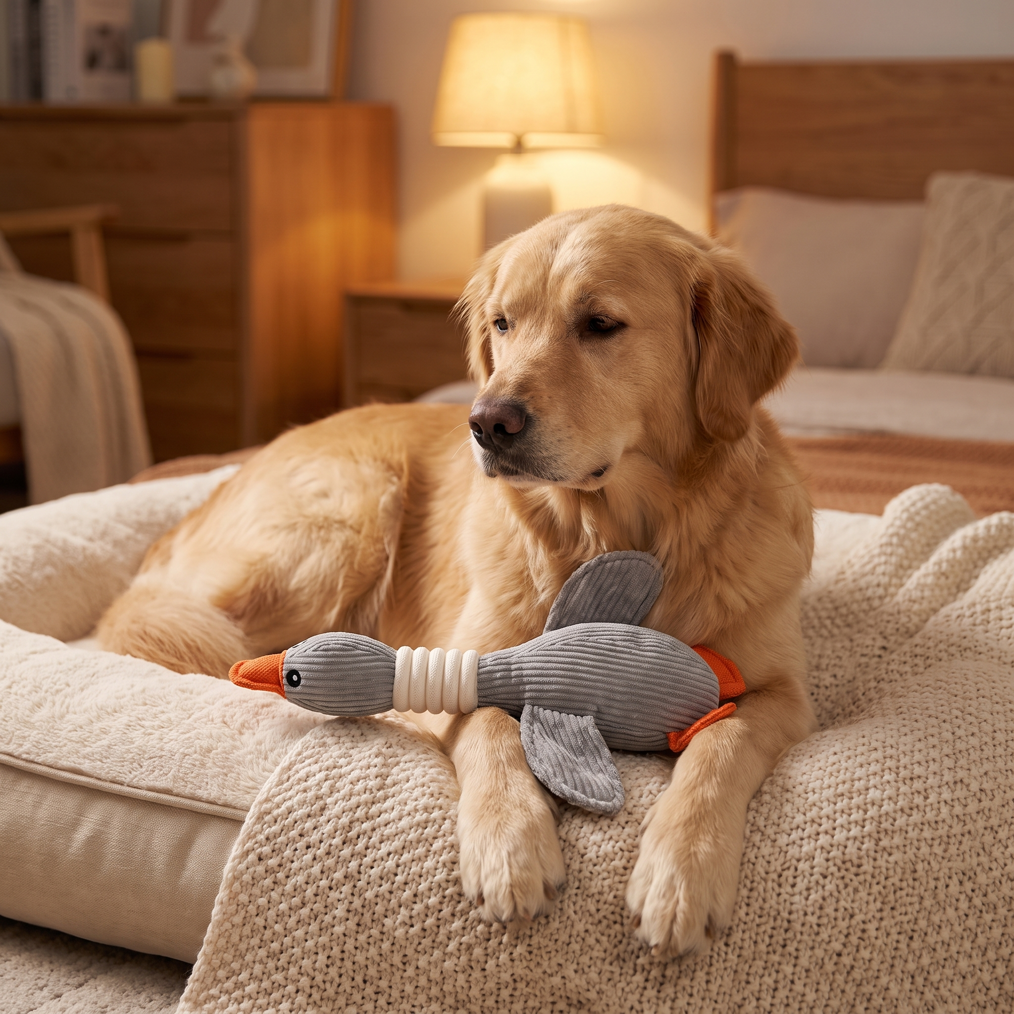 Dog resting with Gray Waddles goose toy on a cozy bed