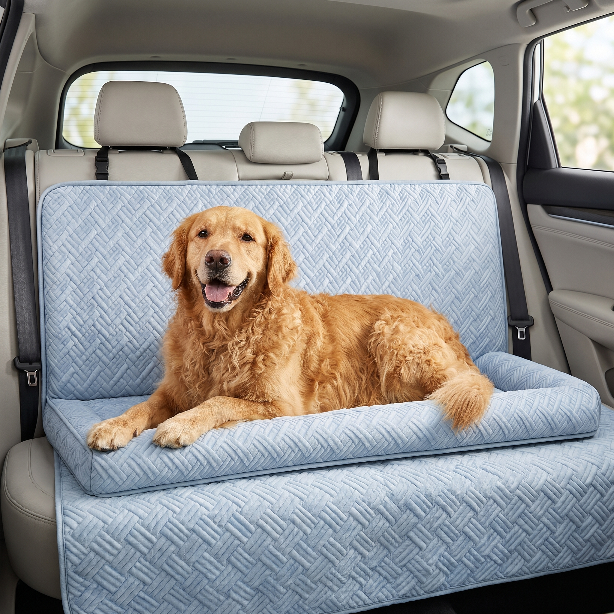 Golden retriever relaxing on the Nestle dog car seat bed