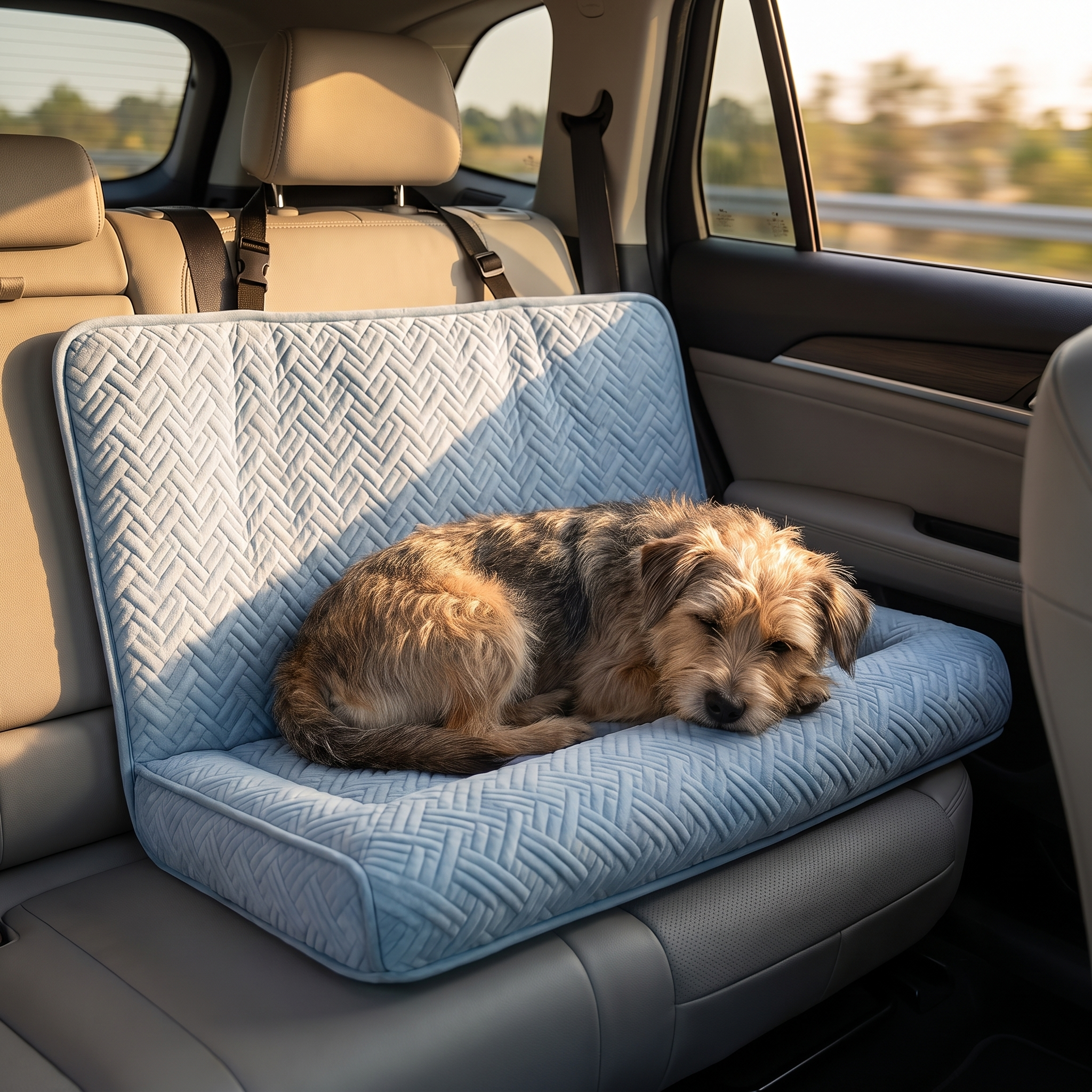 Small dog curled up on the Nestle car seat bed on a road trip