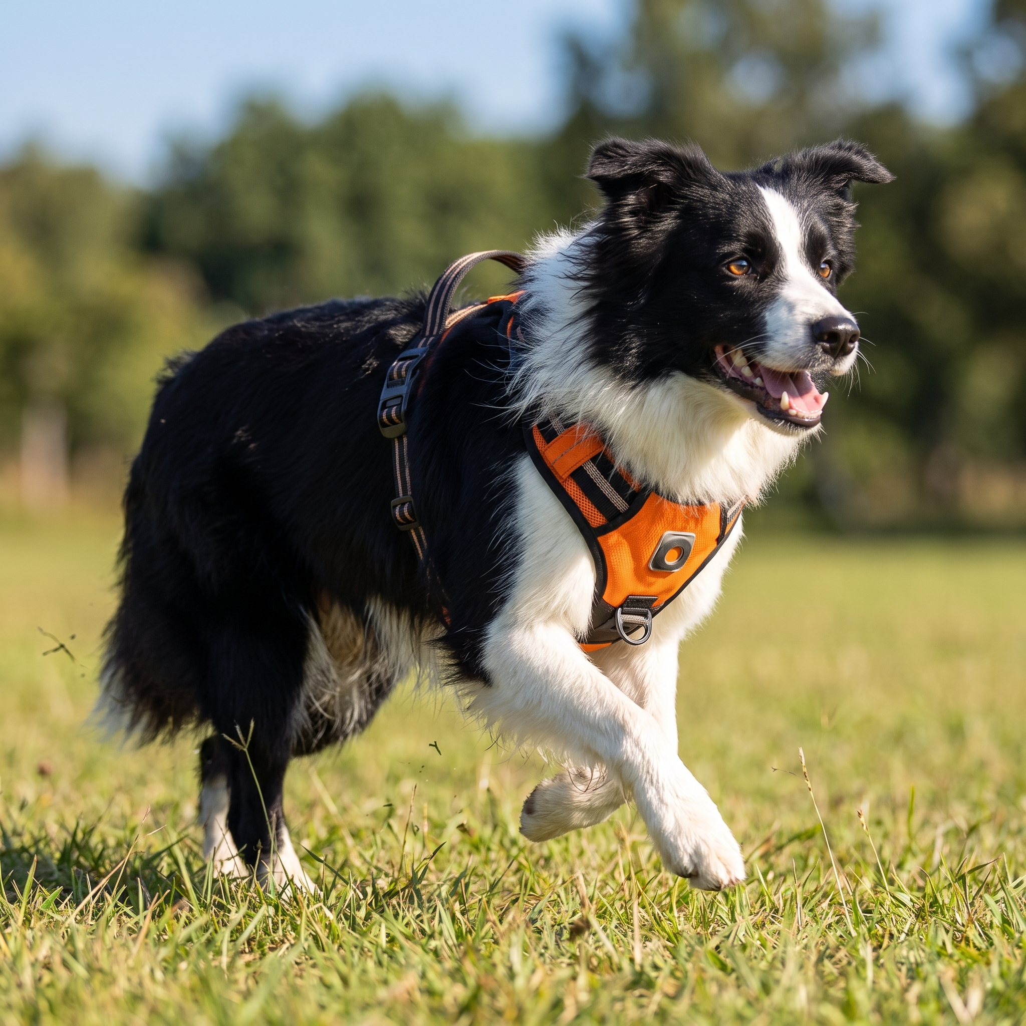 Border collie running in the orange Snug harness