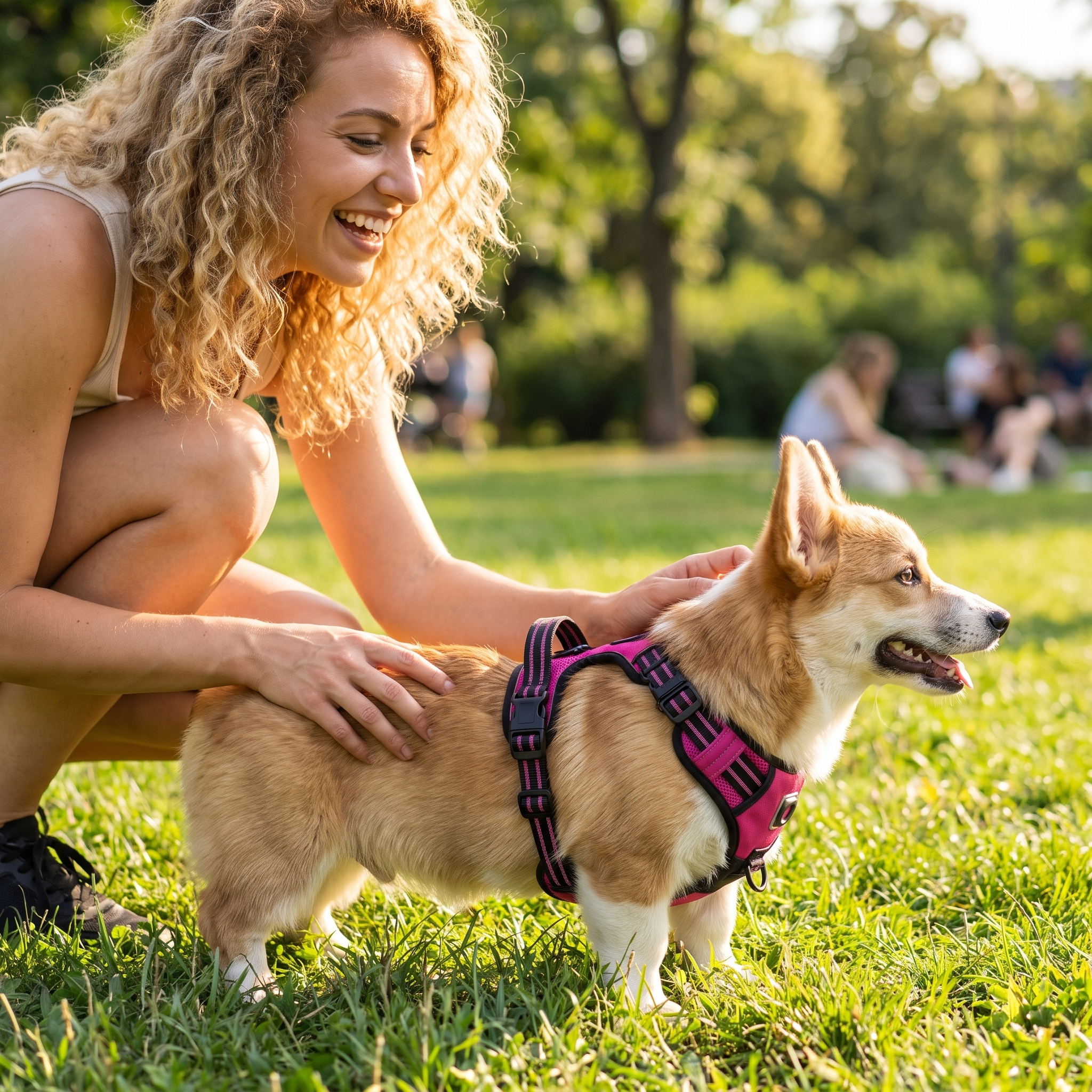 Woman with her corgi wearing the pink Snug harness
