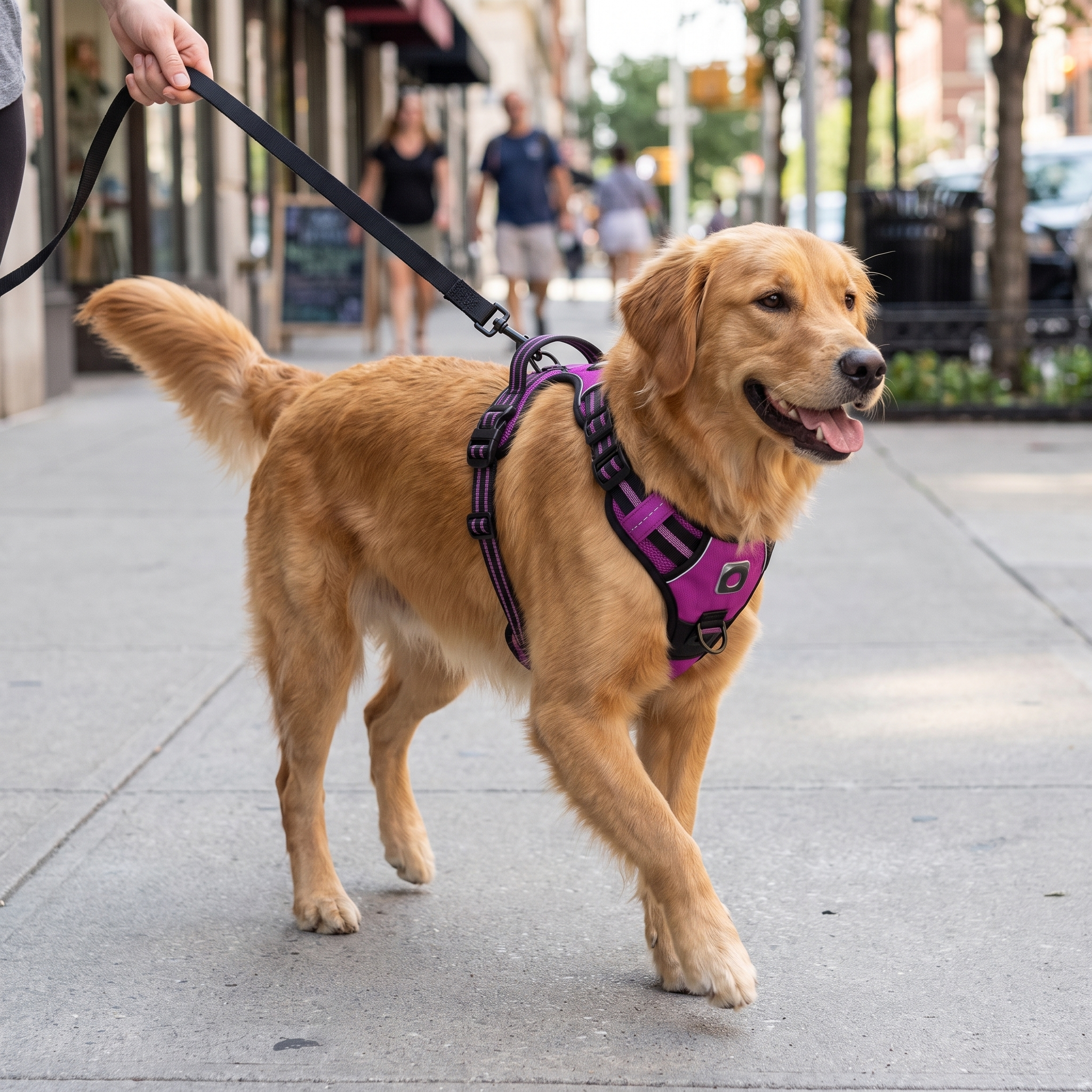 Dog walking in the purple Snug harness