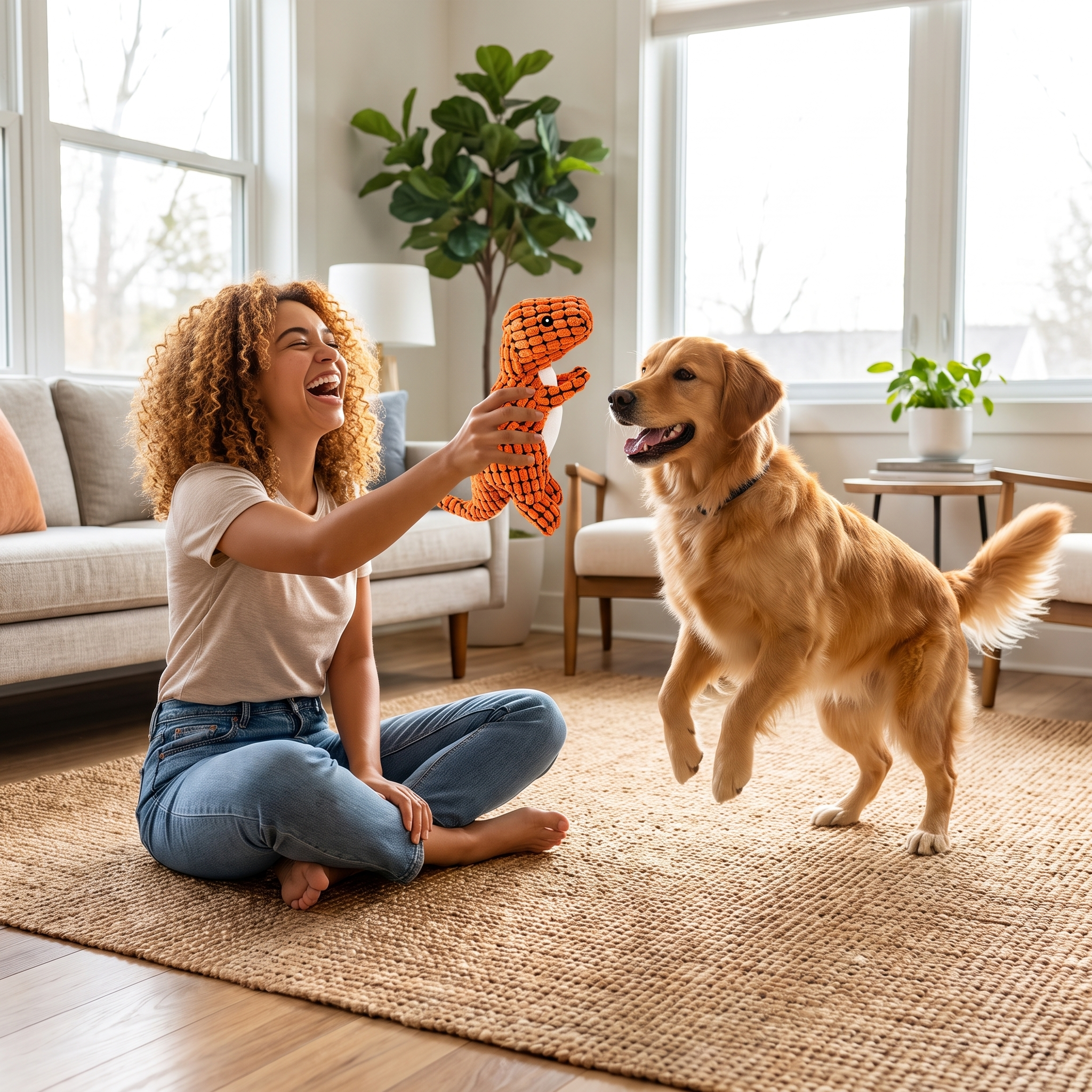 Woman playing with her golden retriever using the orange Rexy dinosaur squeaky dog toy
