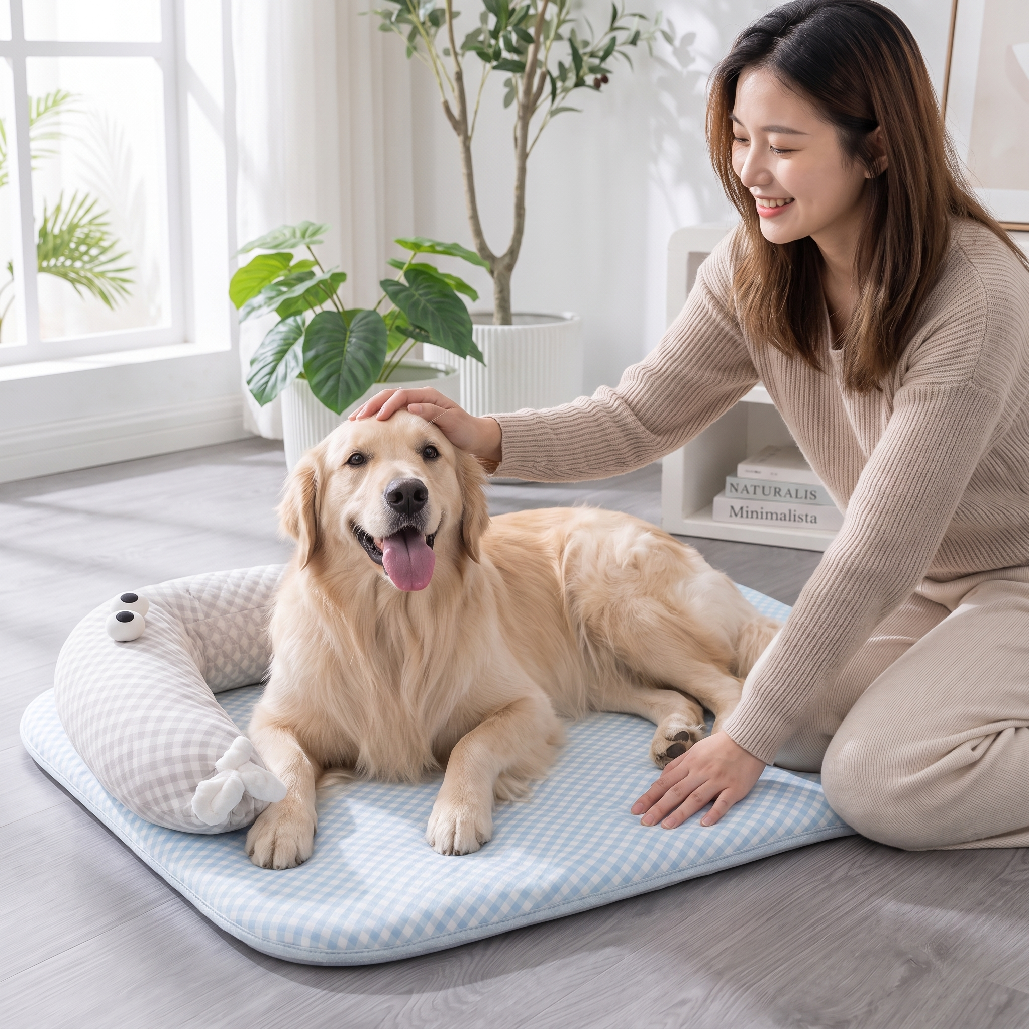 Woman relaxing beside her dog on the Breezy blue cooling mat