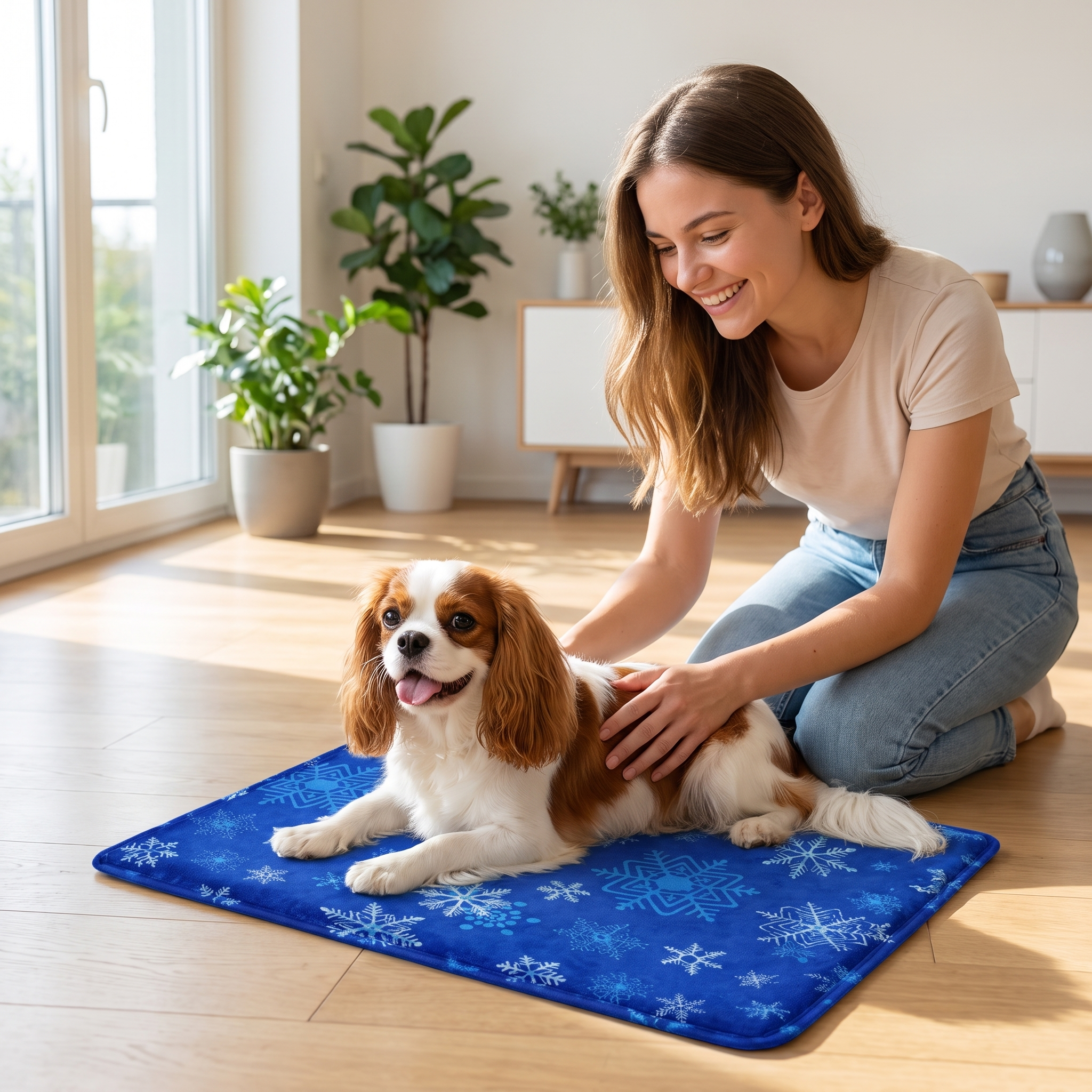 Woman with her dog on the Frost blue snowflake gel cooling mat