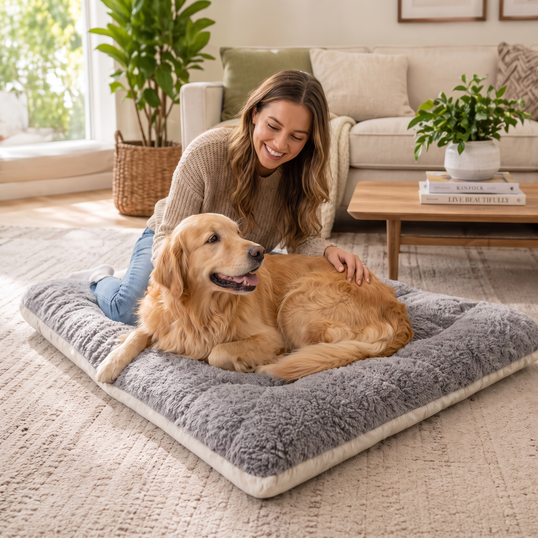 Woman relaxing beside her golden retriever on the Cloud plush dog bed