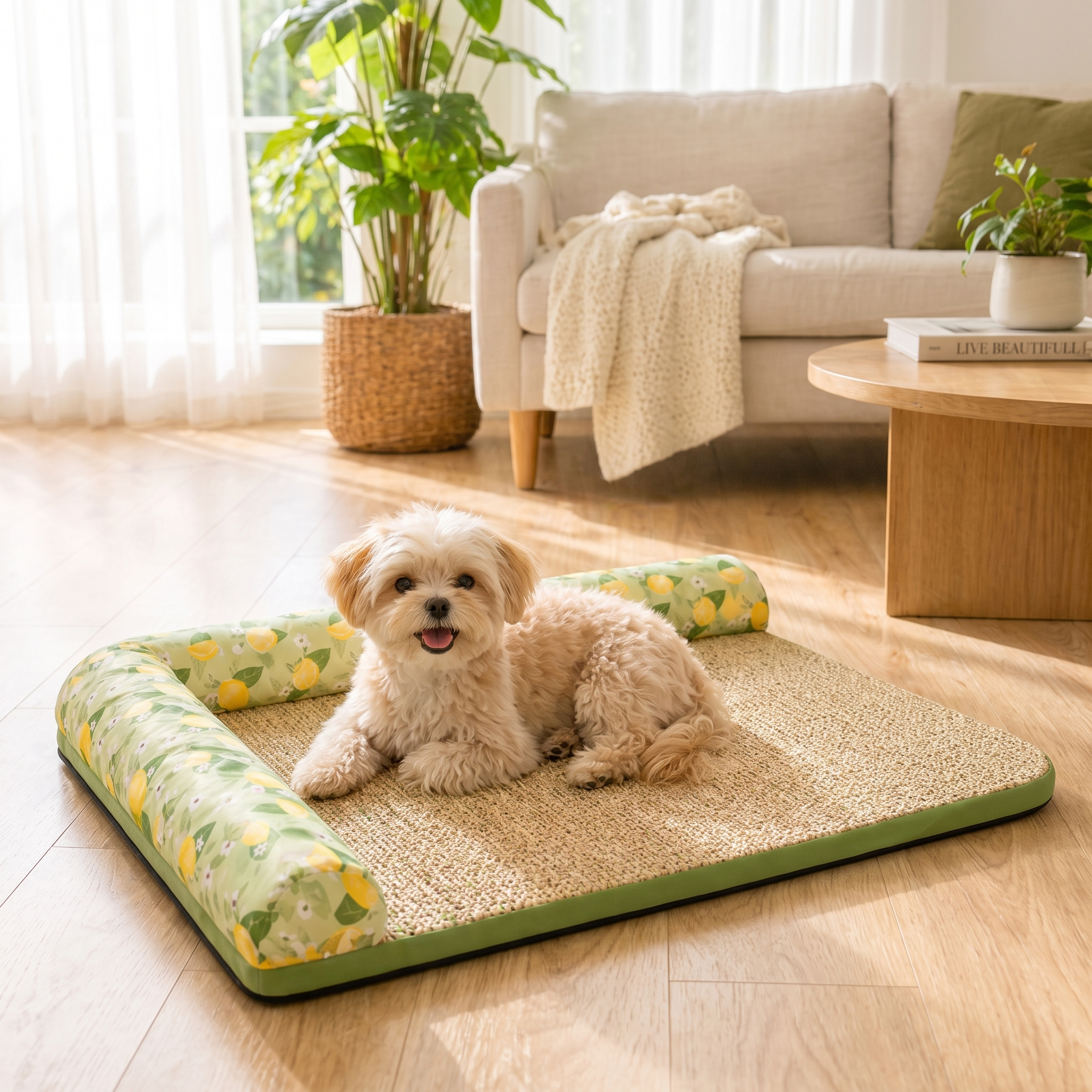 Small dog resting on the Zest cooling bolster dog bed