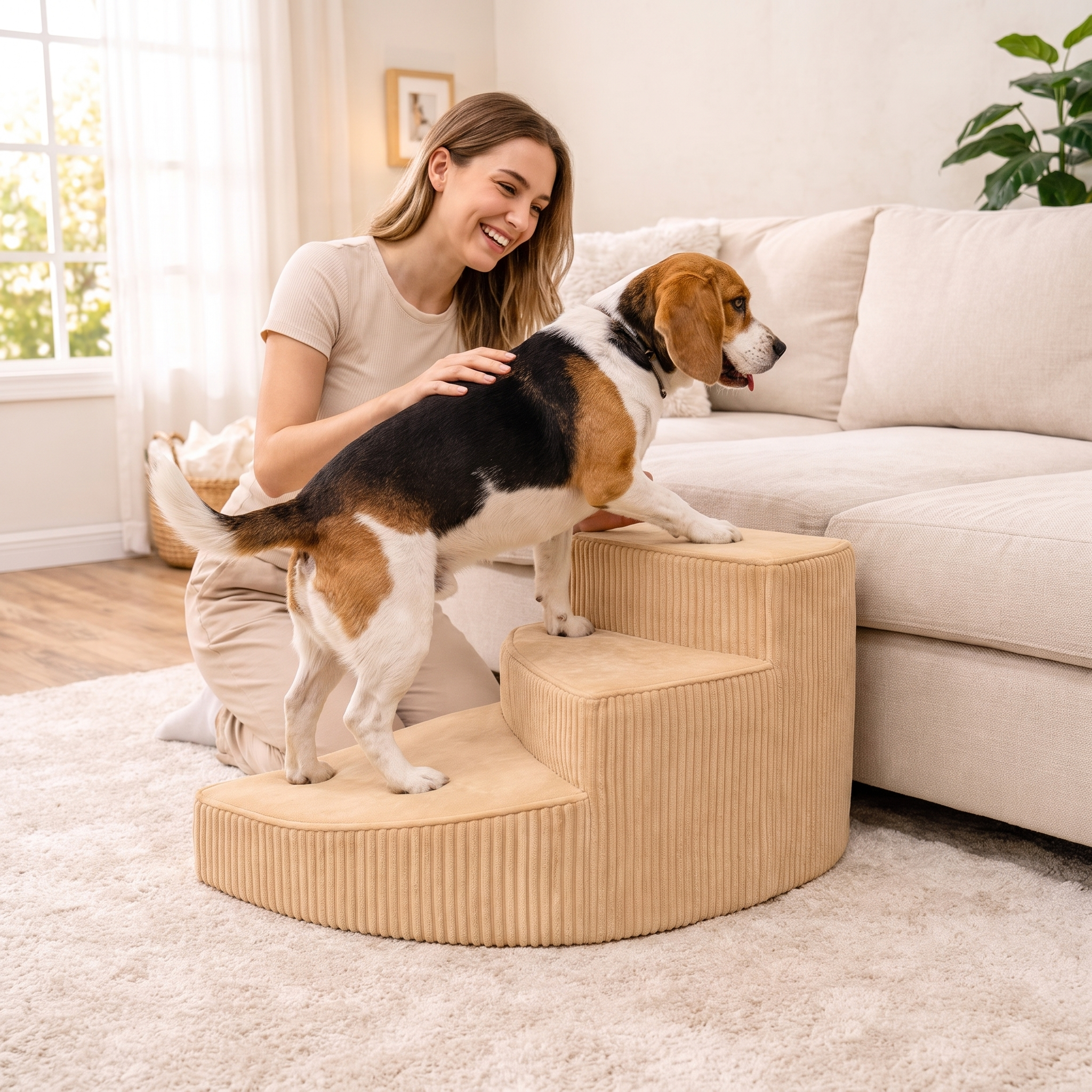 Woman with her beagle using the Summit orthopedic dog stairs