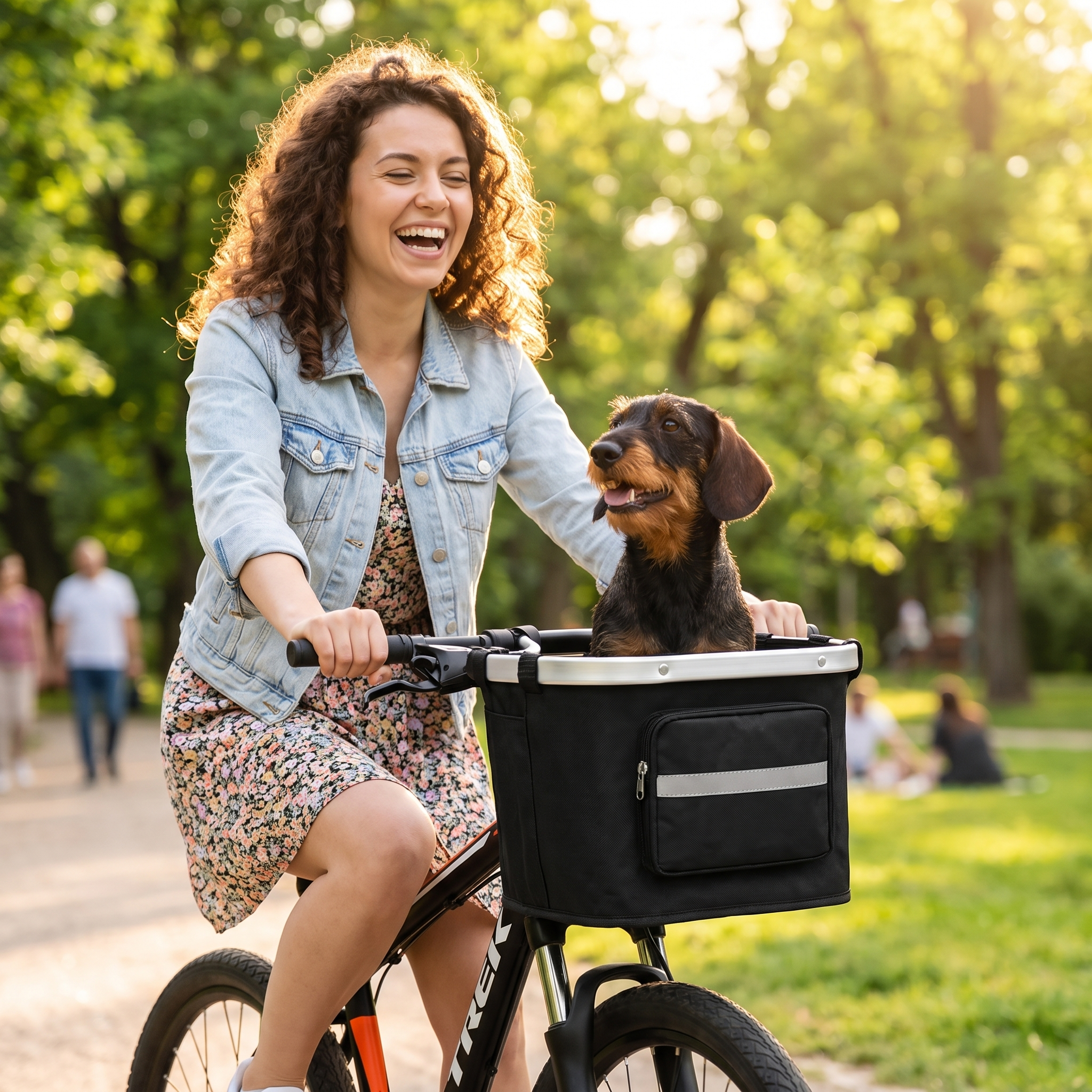 Woman with her dachshund in the Copilot front bike basket on a park path