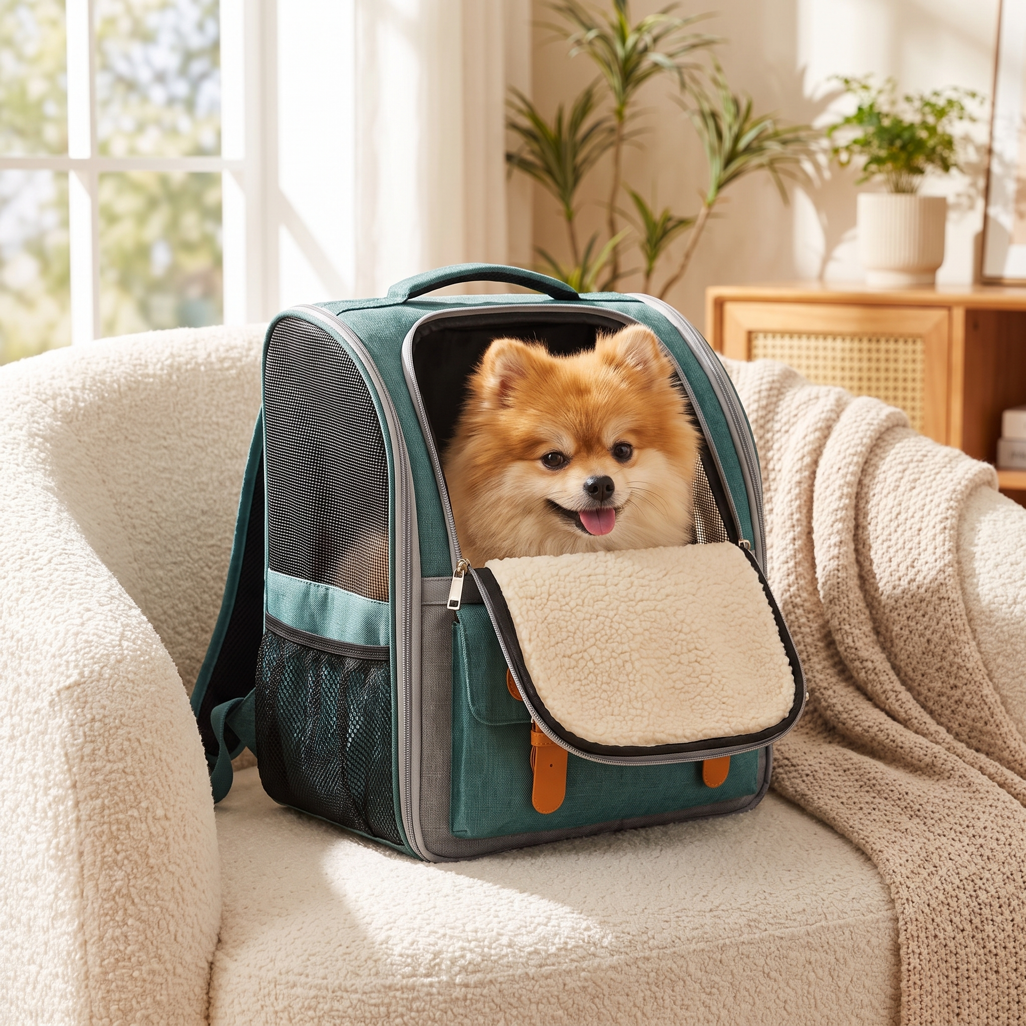 Small dog resting happily inside the teal Scout dog carrier backpack at home