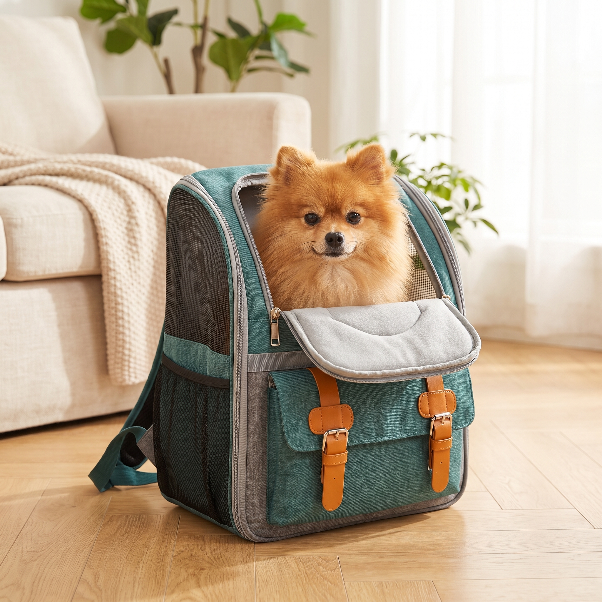 Small dog looking out from the open Scout dog carrier backpack