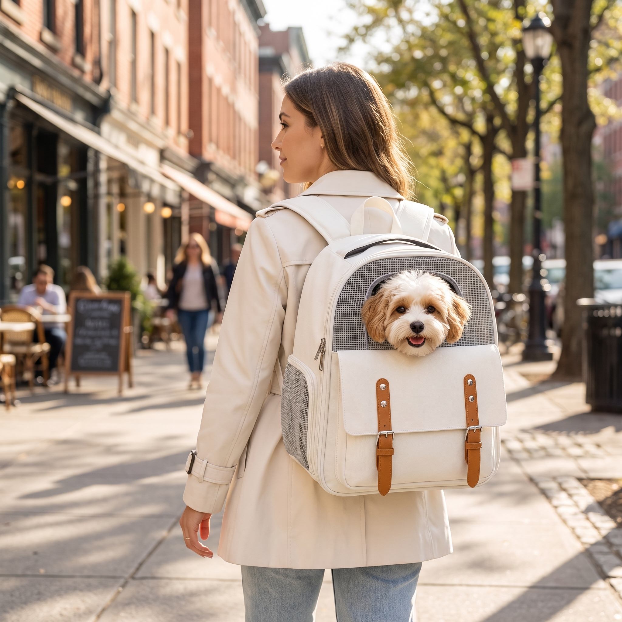 Dog owner walking a city street wearing the white Scout dog carrier backpack with a small dog inside