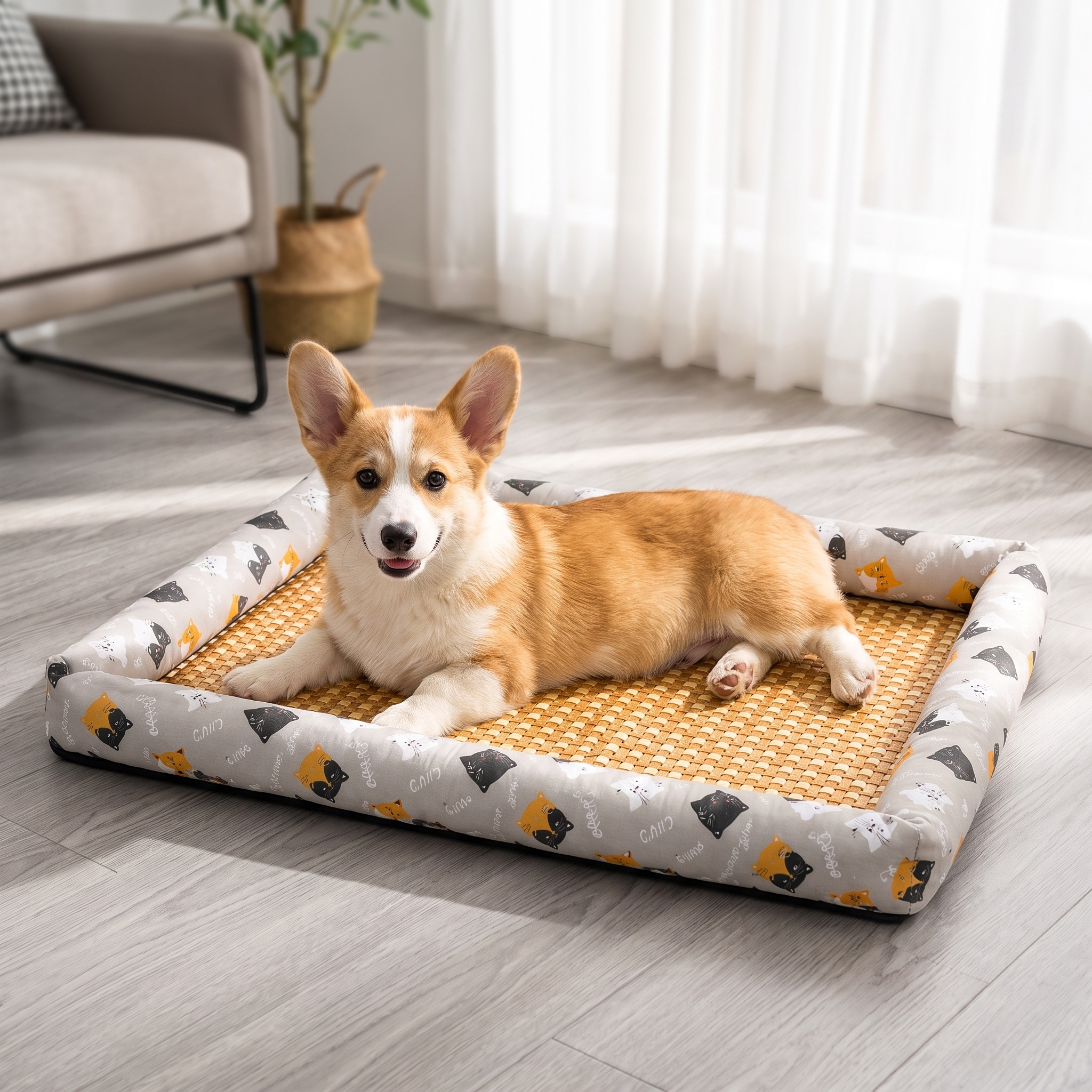 Corgi relaxing on the Willow woven-rattan cooling dog mat