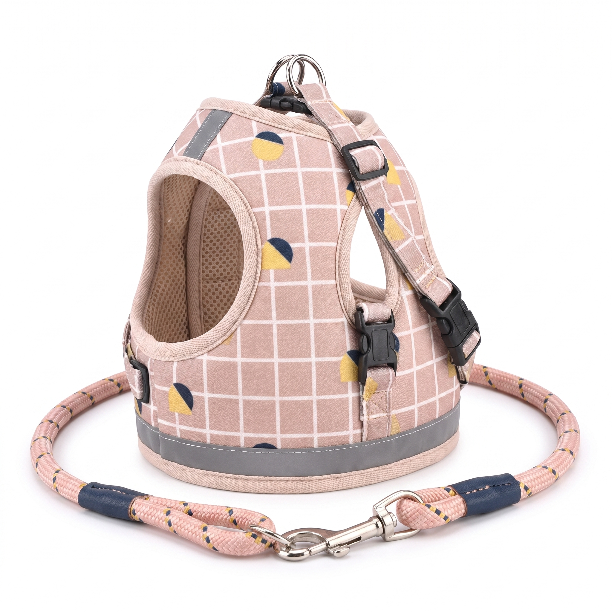 Rowan plaid dog harness and leash set in Pink
