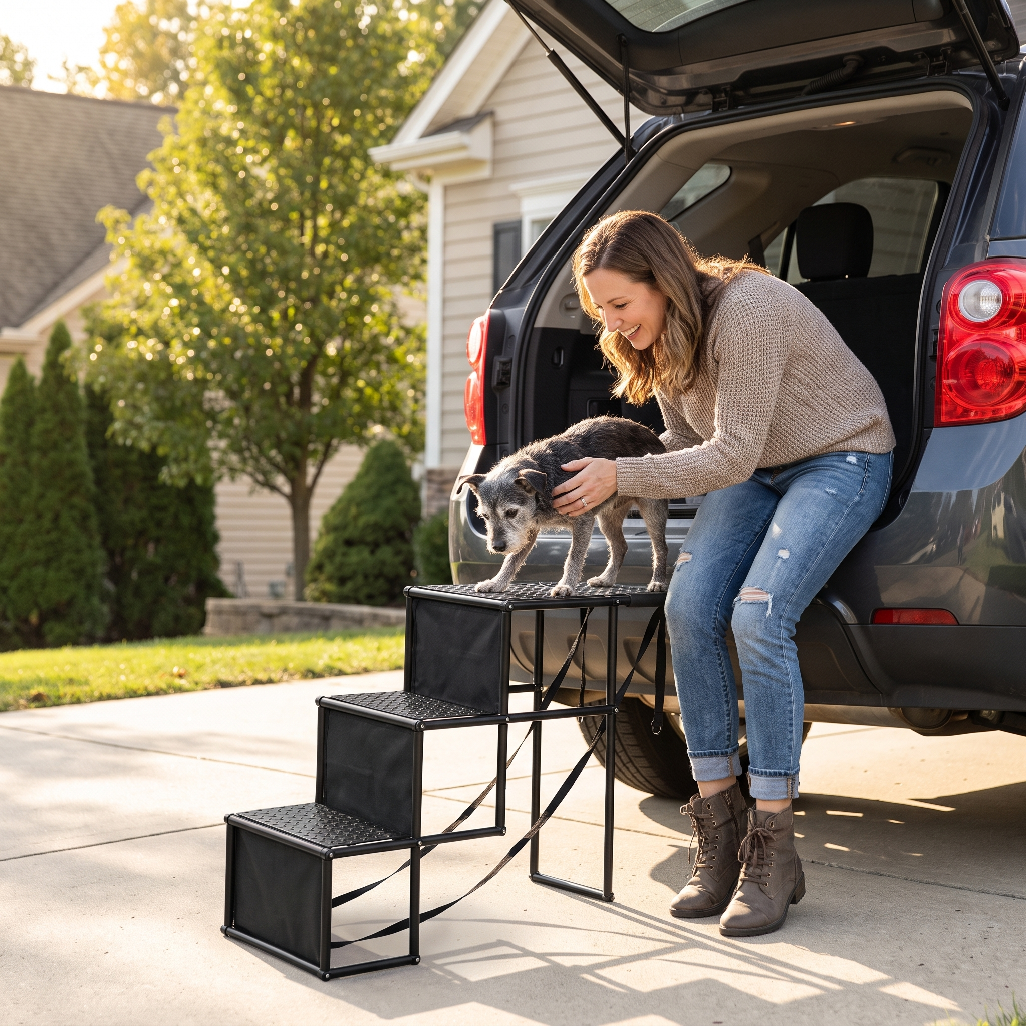 Boost Foldable Dog Car Stairs — owner gently helping her small senior dog climb into the SUV