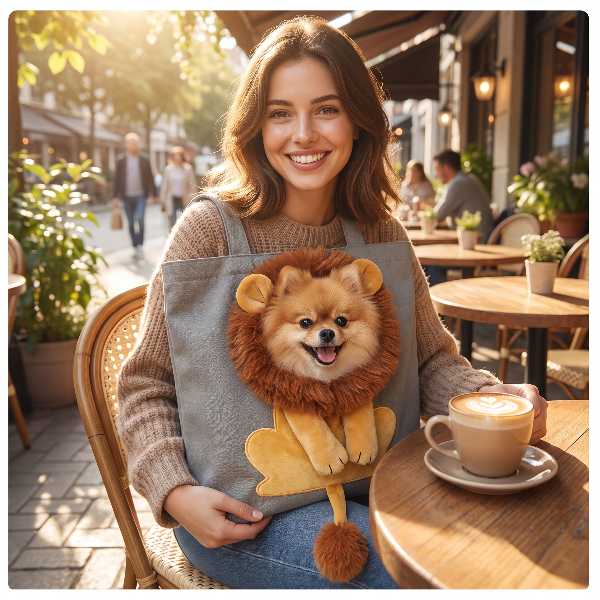 Leo Lion Dog Carrier Tote — small dog peeking out of the lion tote at a sunny café