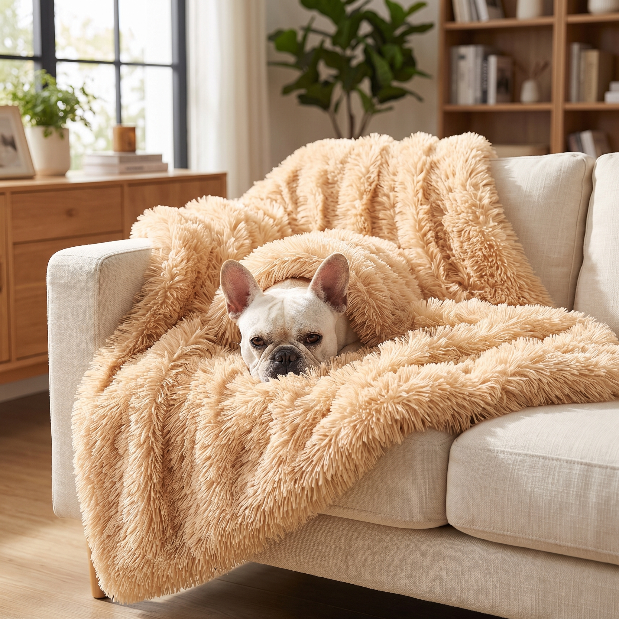 French Bulldog resting in the apricot Cocoon plush dog blanket draped over a sofa