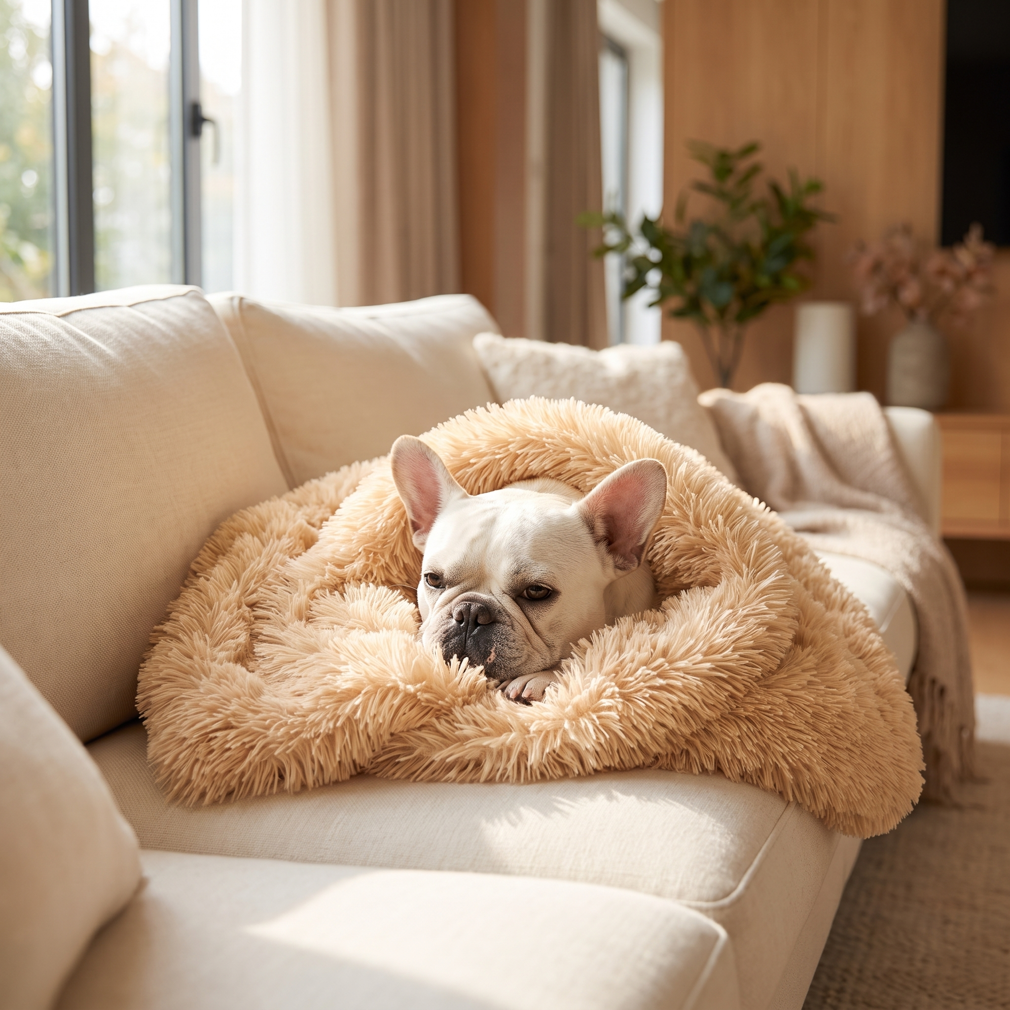 White French Bulldog snuggled in the apricot Cocoon plush dog blanket on a cream sofa