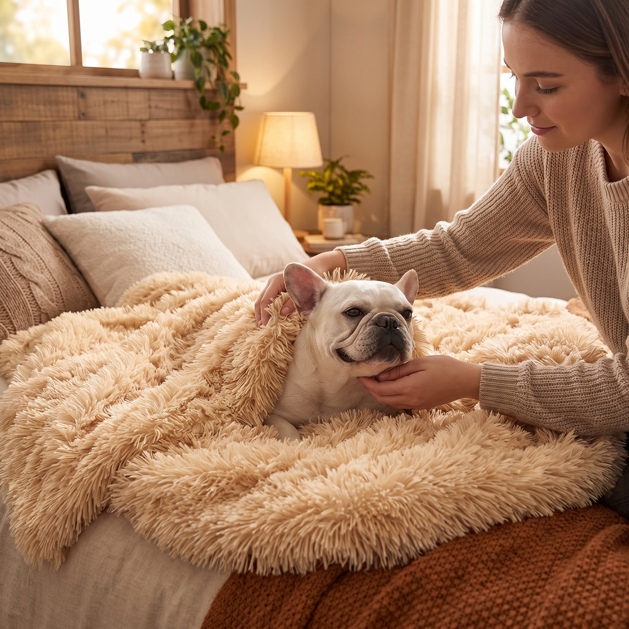 Woman tucking her French Bulldog into the apricot Cocoon plush dog blanket on a cozy bed