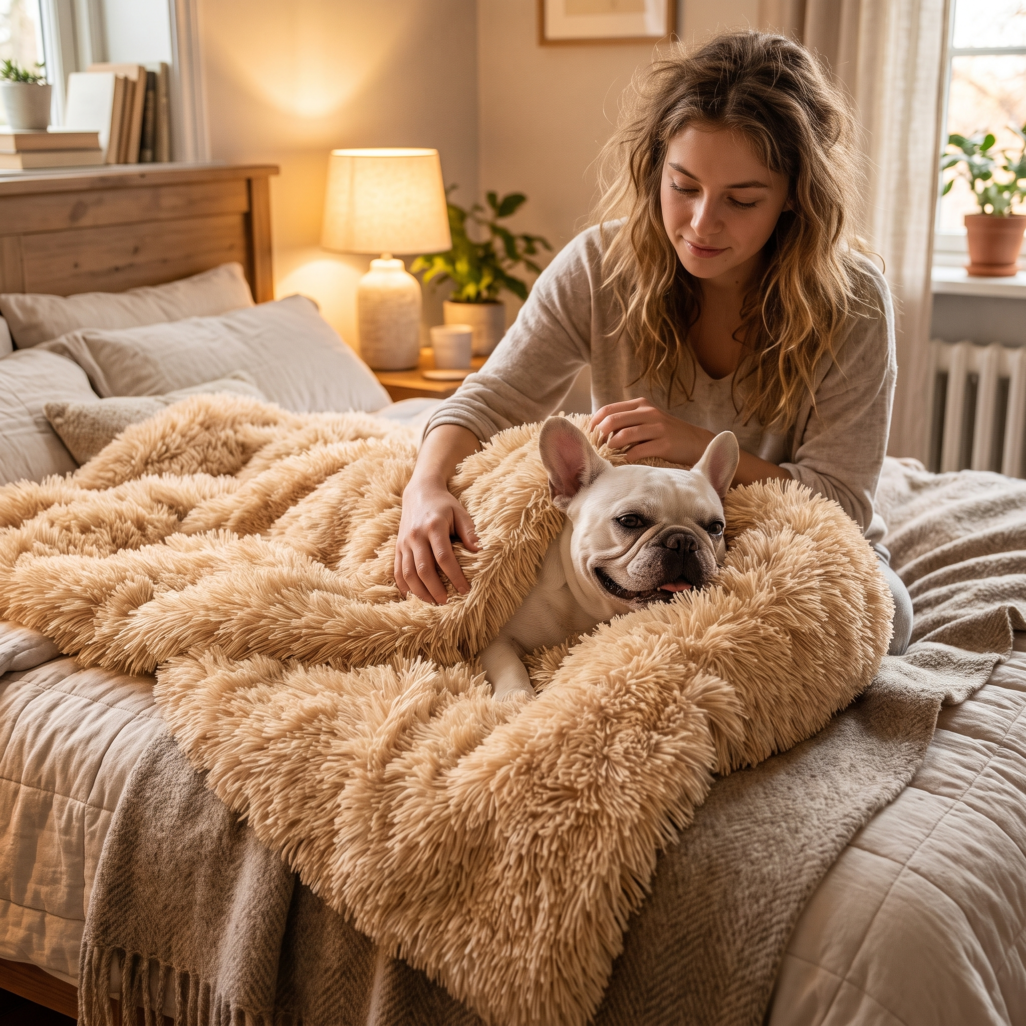 Woman snuggling her French Bulldog wrapped in the apricot Cocoon plush dog blanket