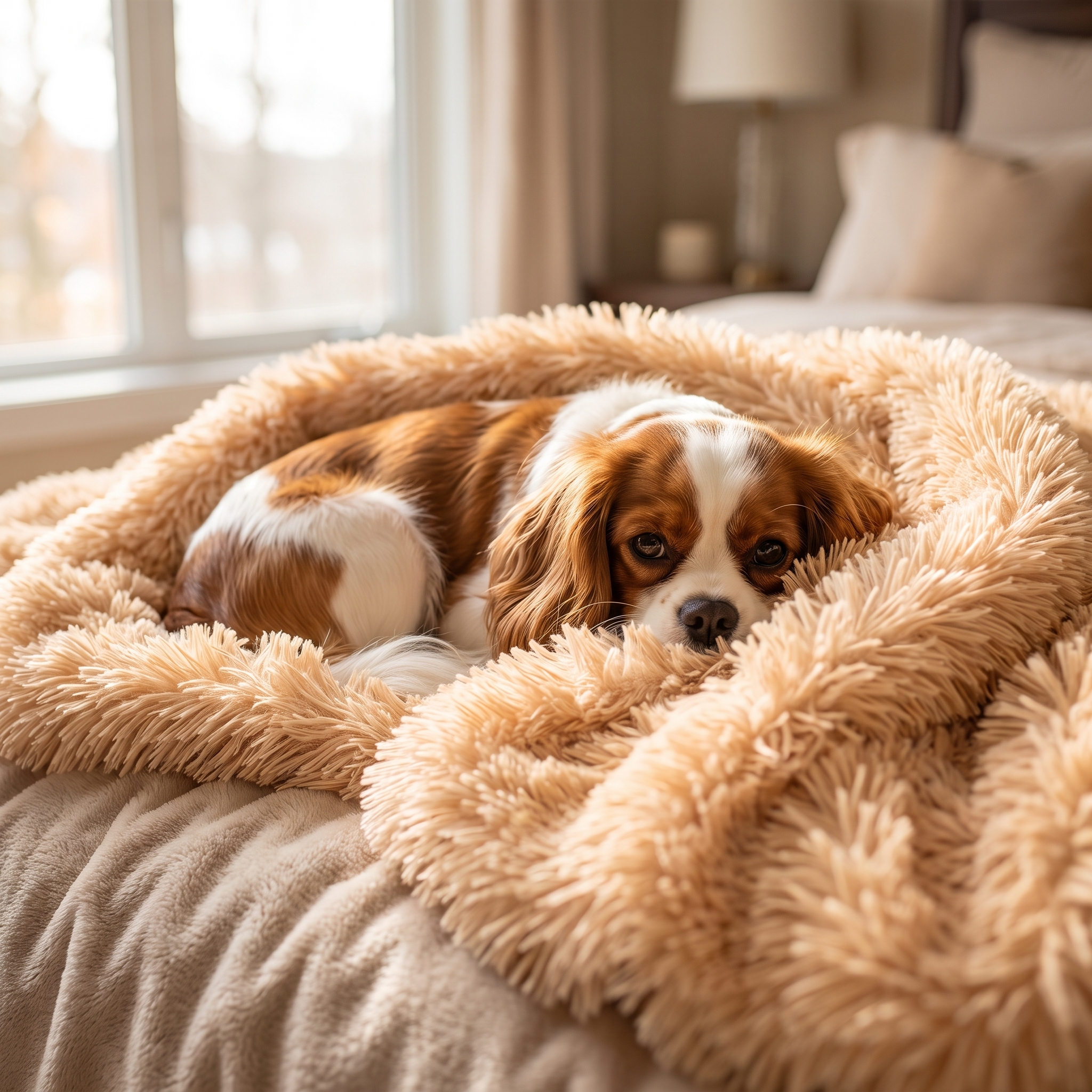 Cavalier King Charles Spaniel curled up in the apricot Cocoon plush dog blanket on a cozy bed