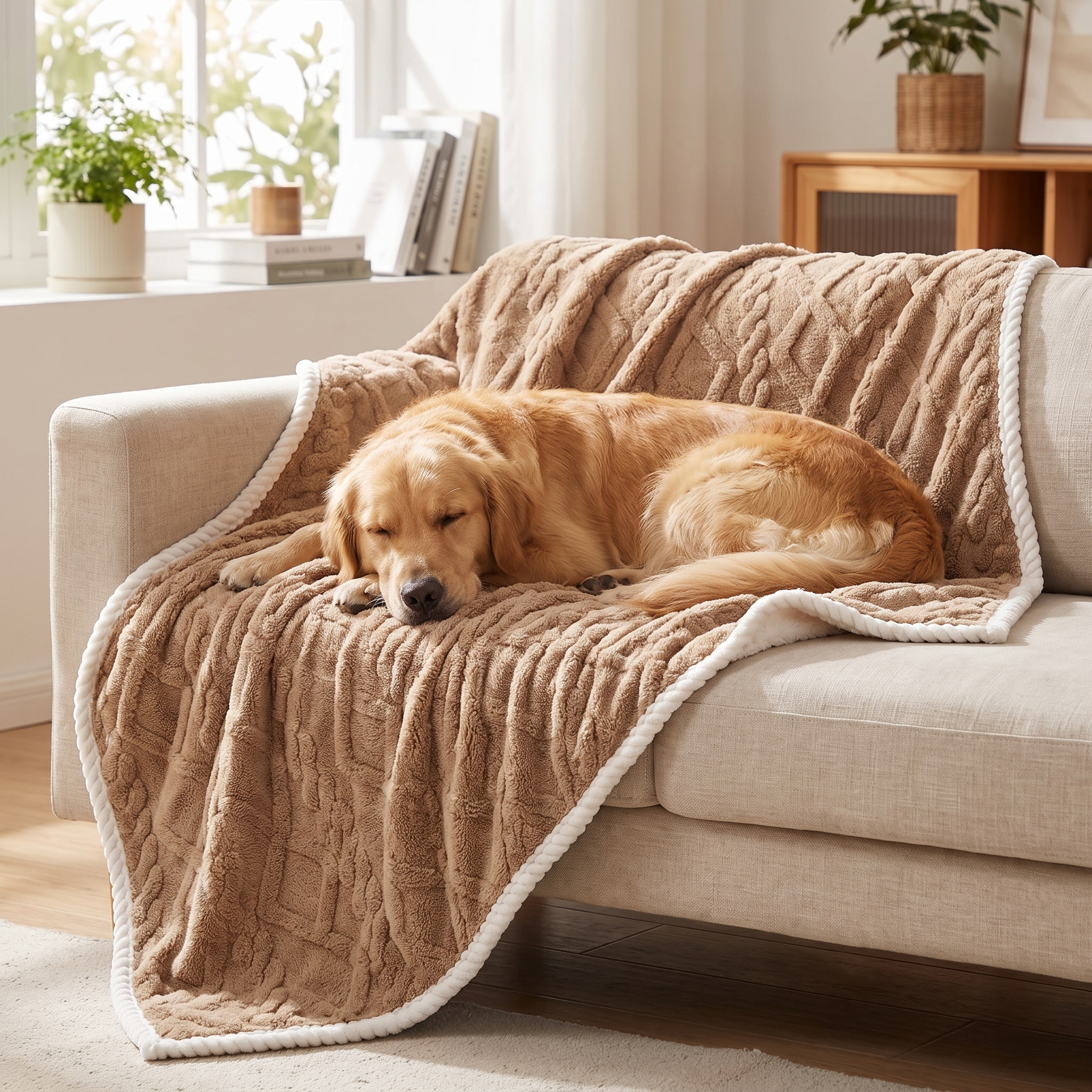 Golden Retriever resting on the Khaki Drift waterproof pet blanket draped over a sofa