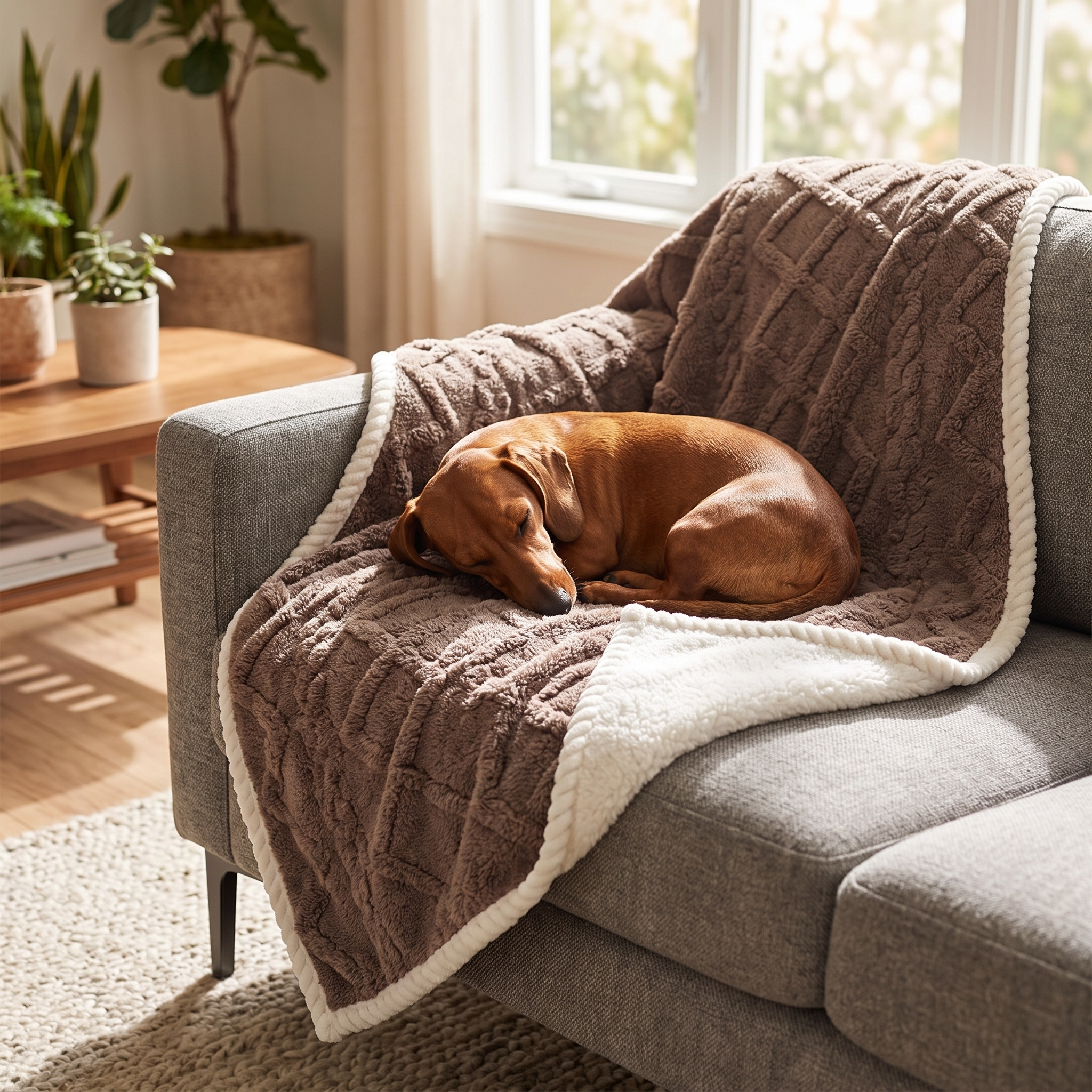 Dachshund curled up on the Curry Drift waterproof pet blanket on a sofa