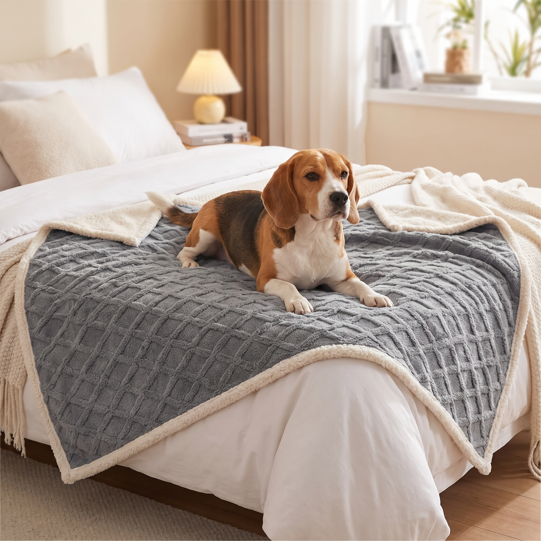 Beagle relaxing on the Gray Drift waterproof pet blanket spread across a bed