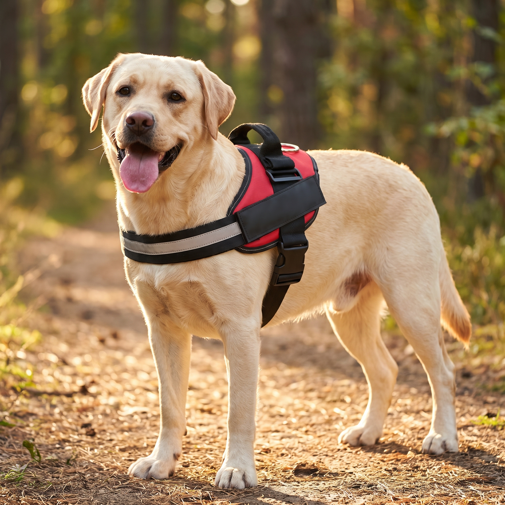 Labrador wearing the red Steady No-Pull Dog Harness on a sunny trail
