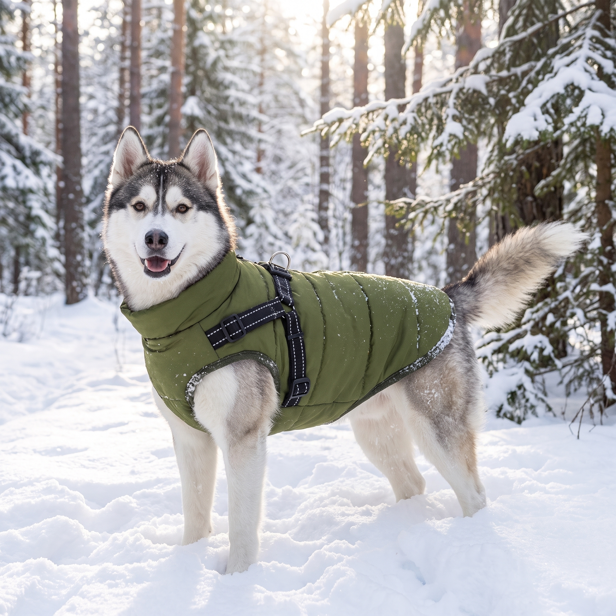 Husky wearing the green Aspen waterproof winter dog coat in a snowy forest