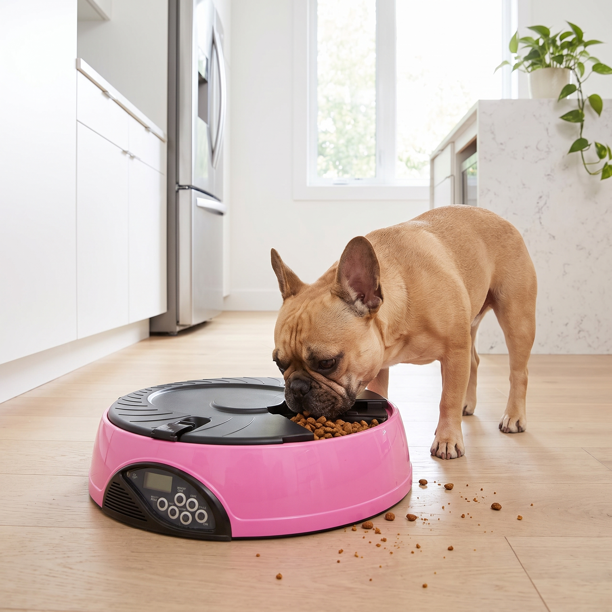 French Bulldog eating from the Pink Butler automatic dog feeder in a kitchen