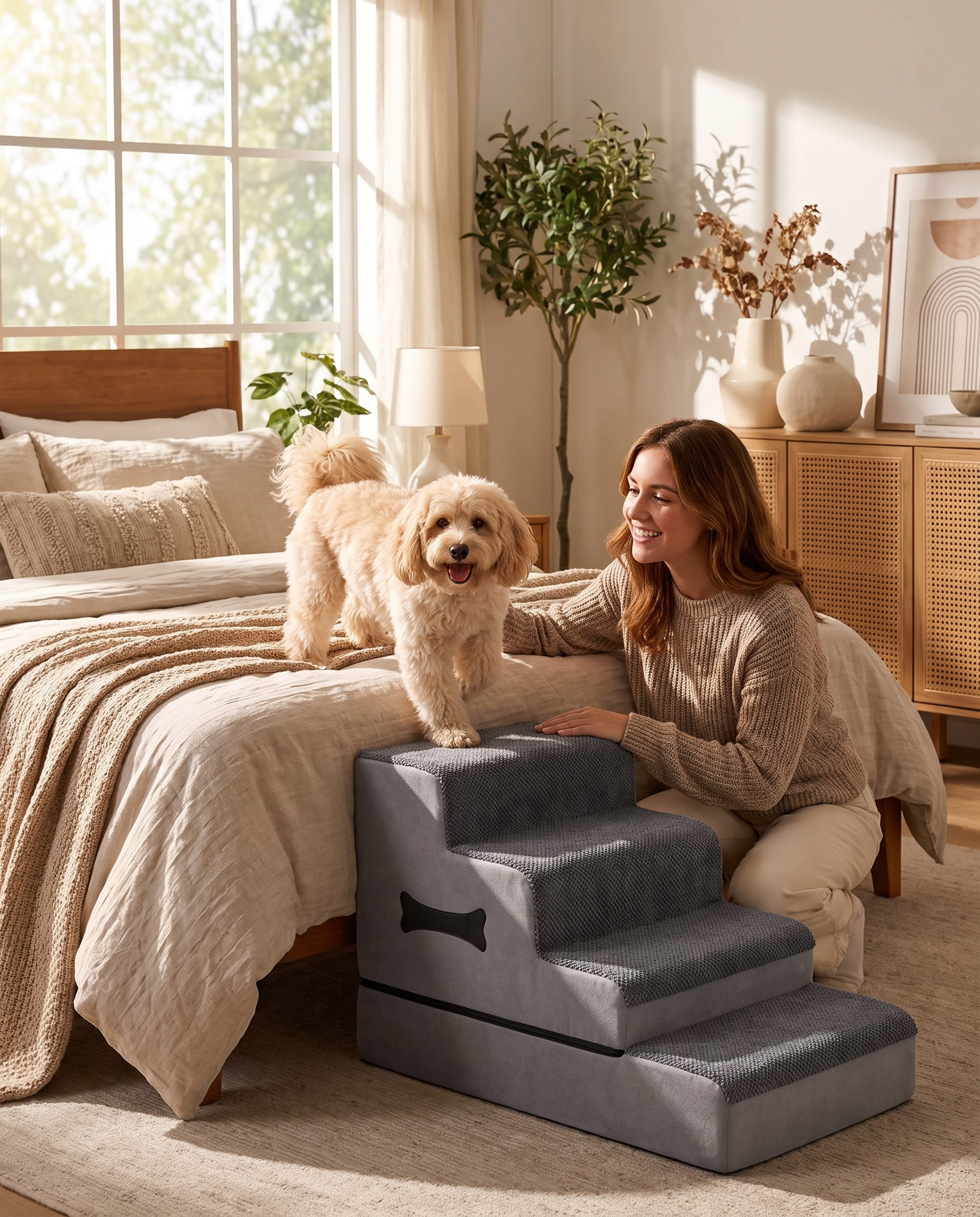A woman helping her small senior dog climb the grey Amble Orthopedic Dog Stairs up to the bed