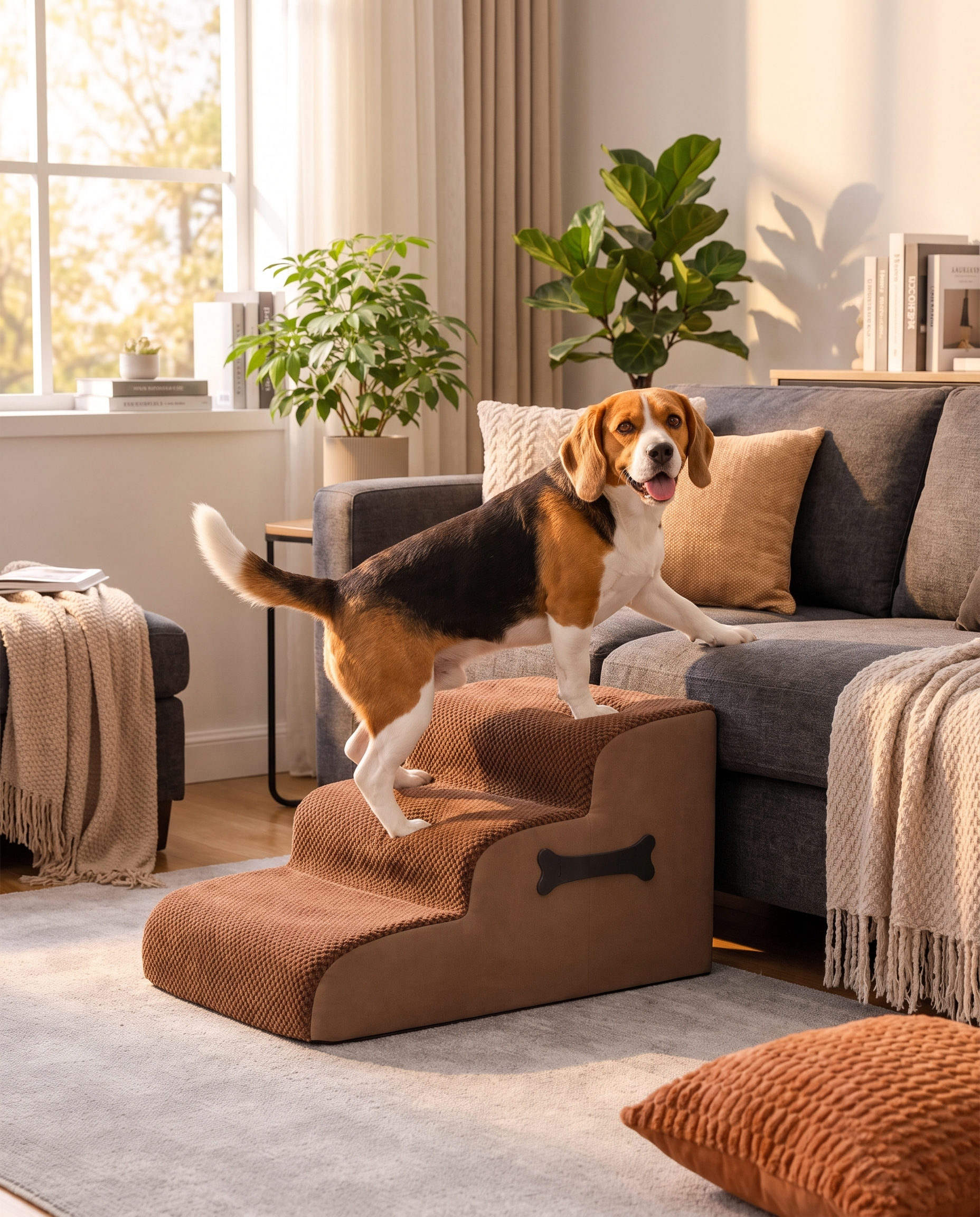 A dog stepping from the brown Amble Orthopedic Dog Stairs onto a sofa