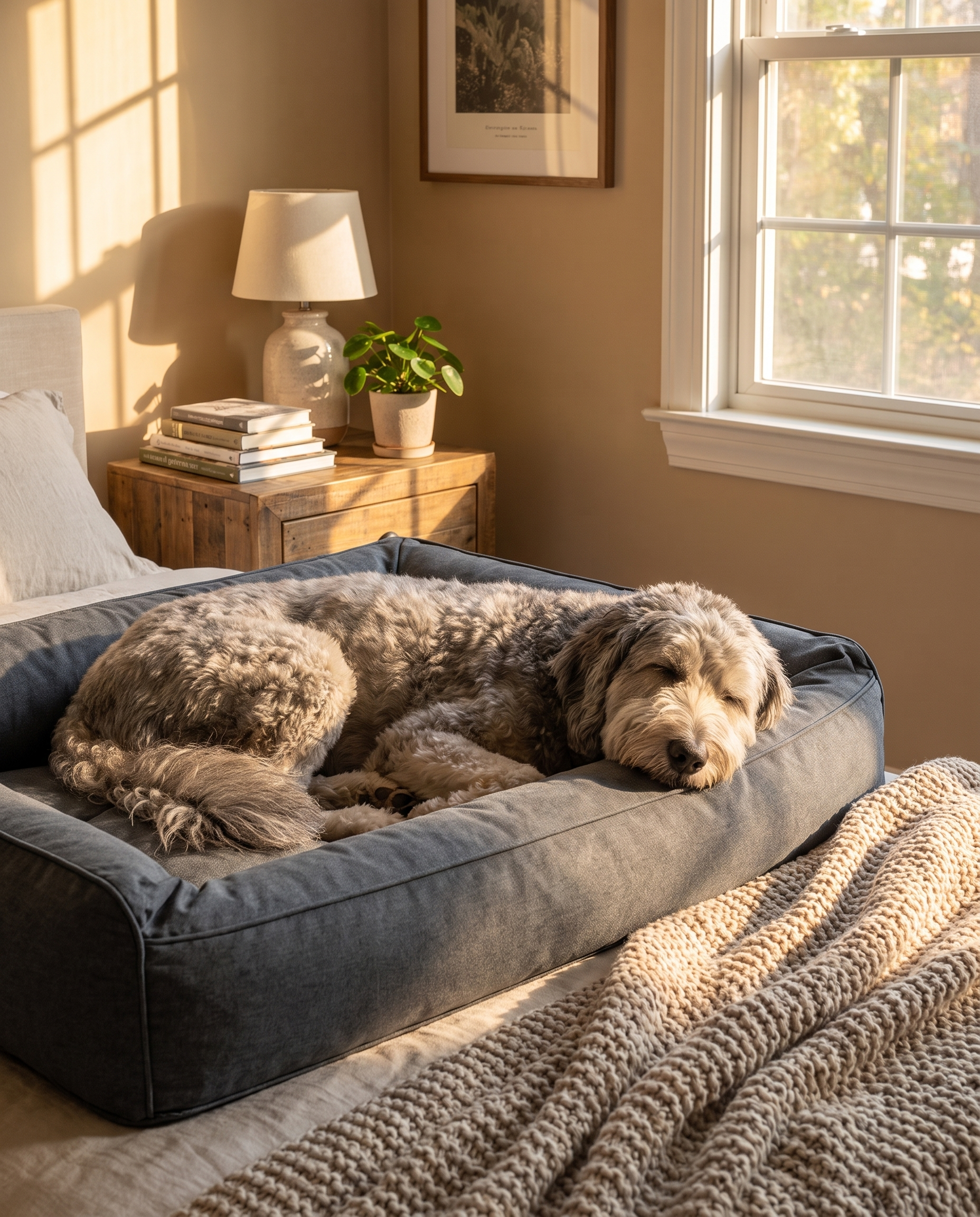 A senior dog sleeping curled into a grey Dozer Orthopedic Bolster Dog Bed