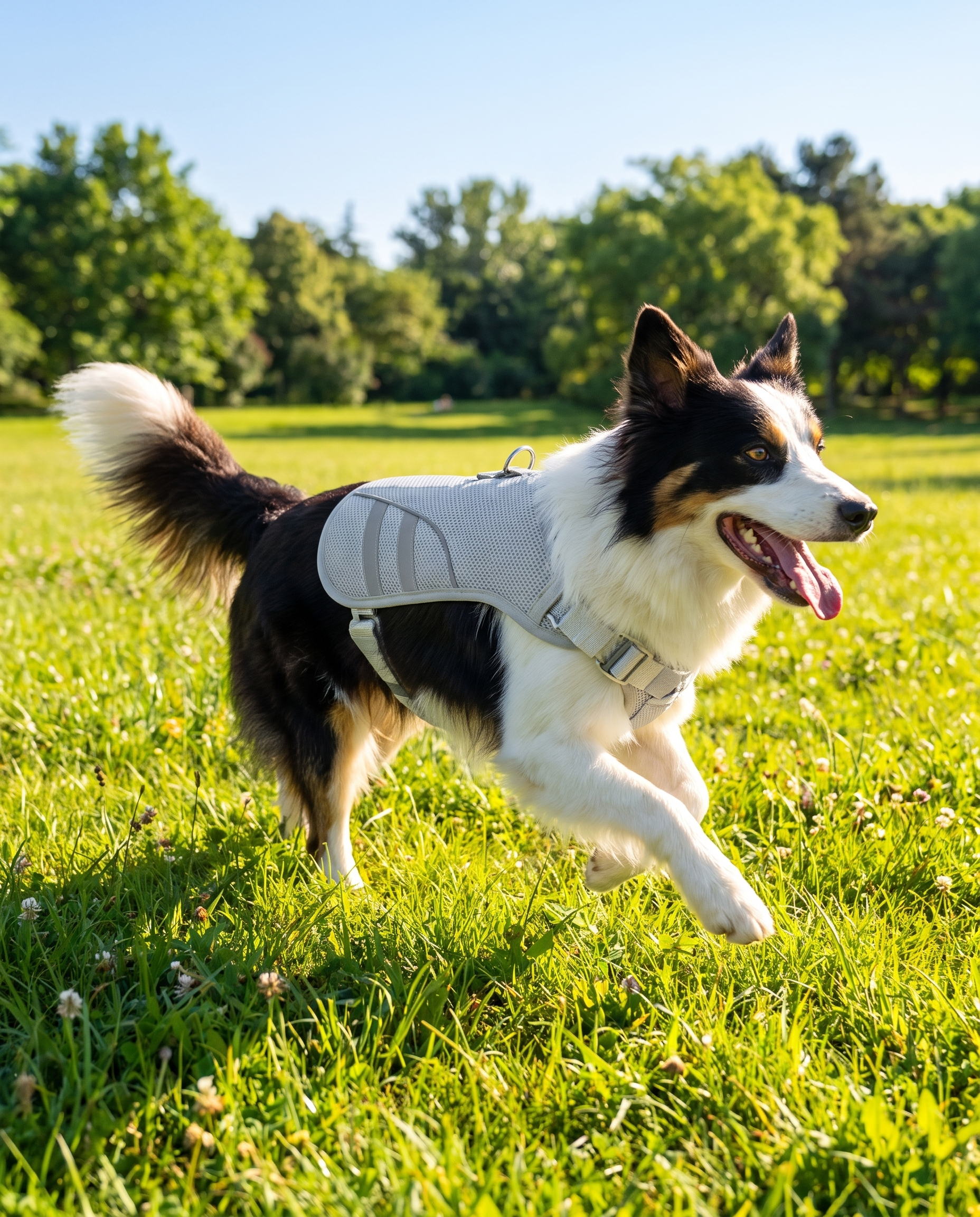 A dog wearing the Chill Cooling Dog Vest running across a sunny park lawn