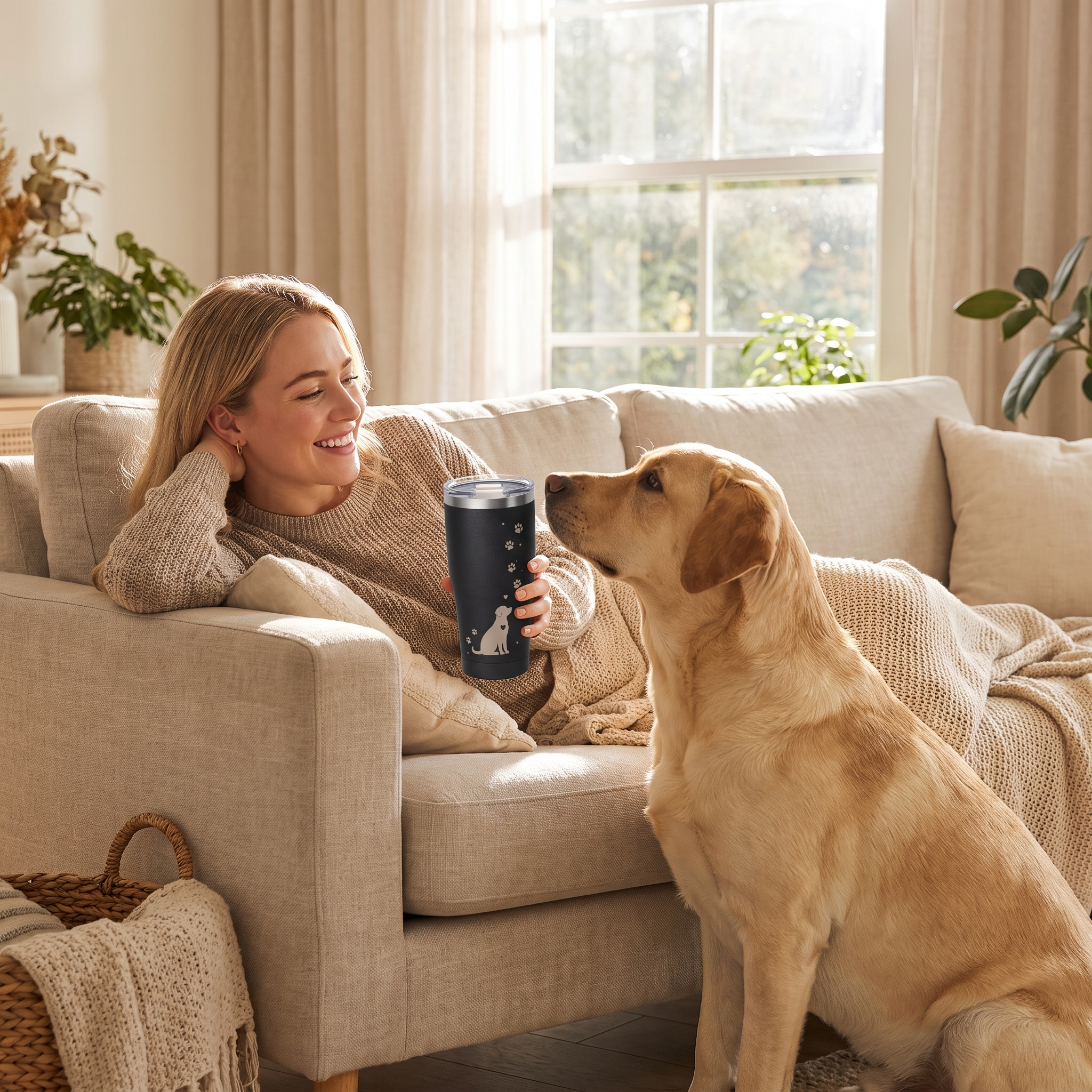 Woman relaxing on a couch holding the Bond dog mom tumbler with her Labrador looking up beside her