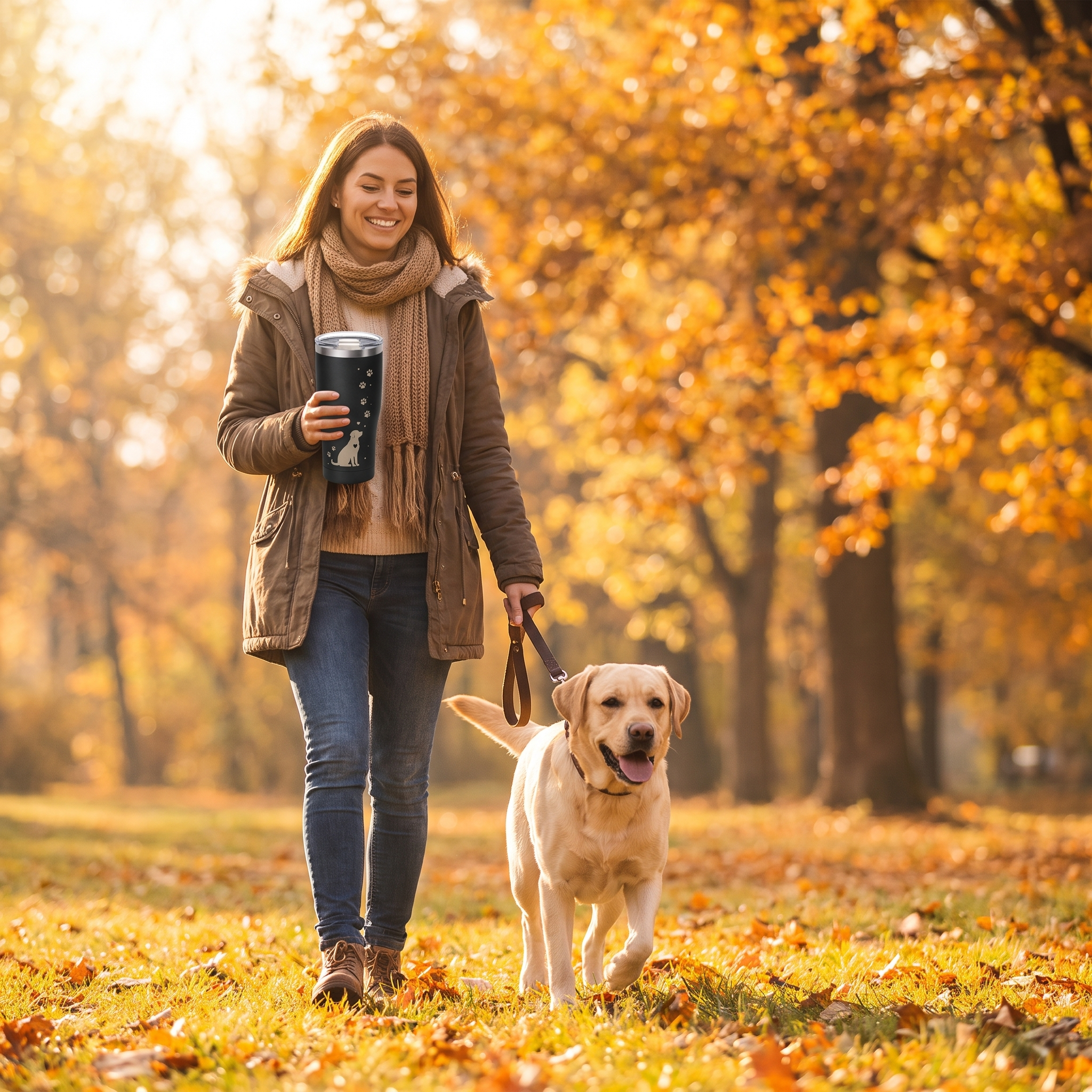 Woman walking her Labrador in an autumn park while holding the Bond dog mom tumbler