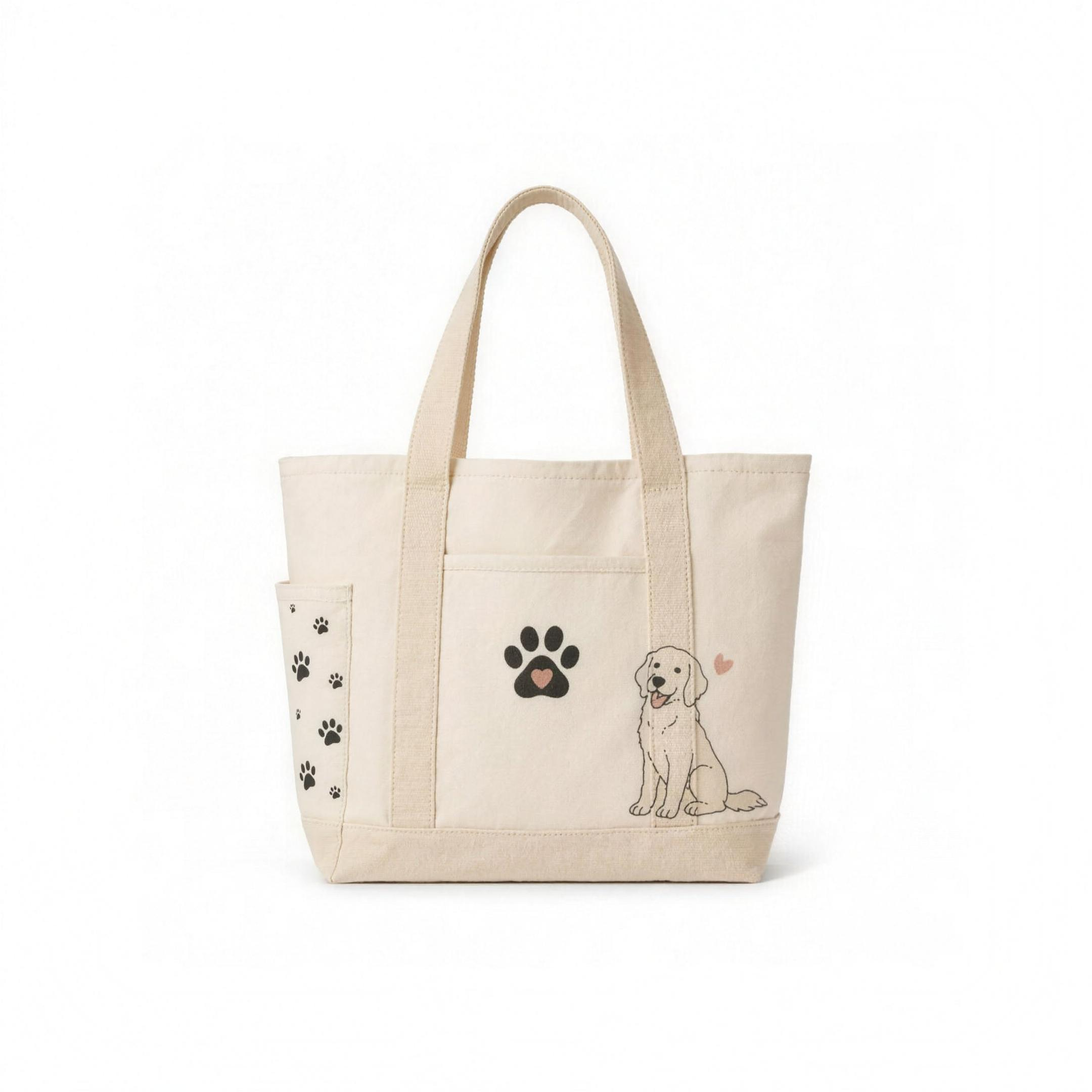 Fetch Dog Mom Tote Bag in natural cream canvas with a printed golden retriever, paw print, and heart
