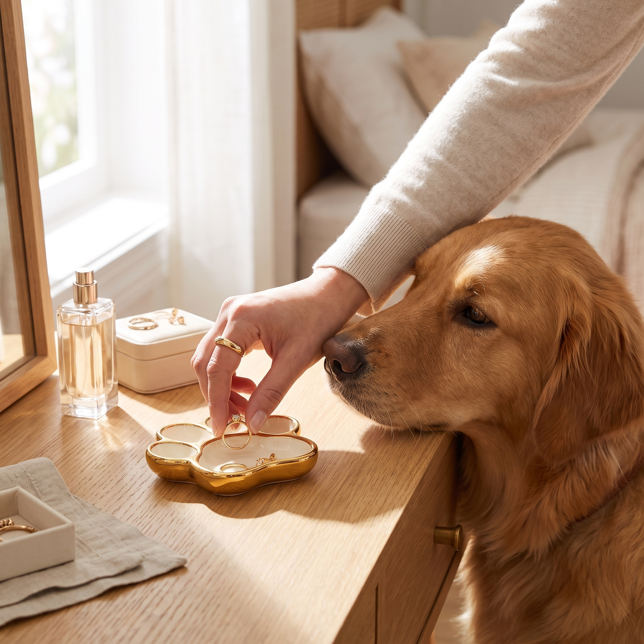 Woman placing a gold ring into the Keepsake dog paw ring dish as her golden retriever looks on