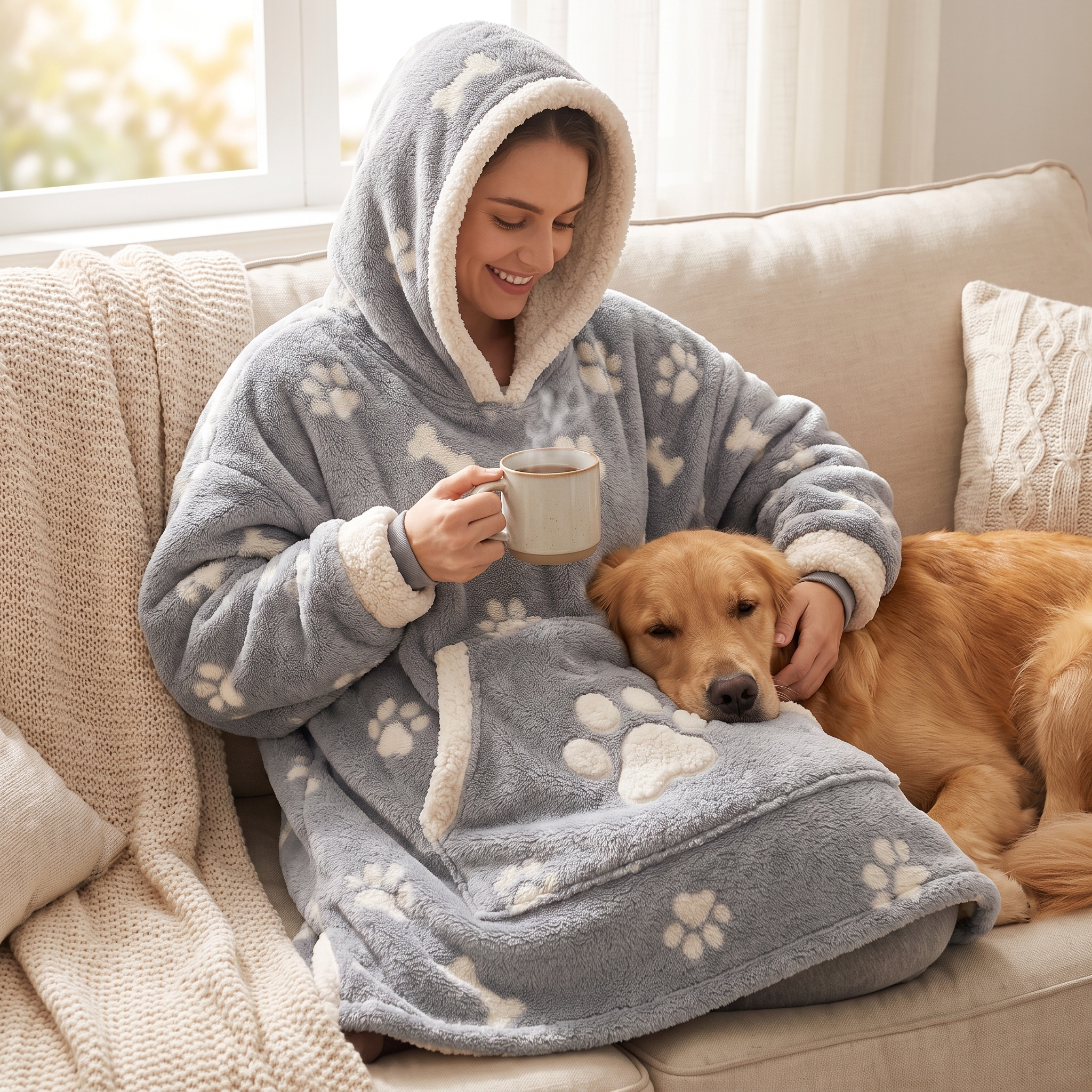 Woman wrapped in the Cuddle blanket hoodie on a couch with a mug, her golden retriever cuddled against her