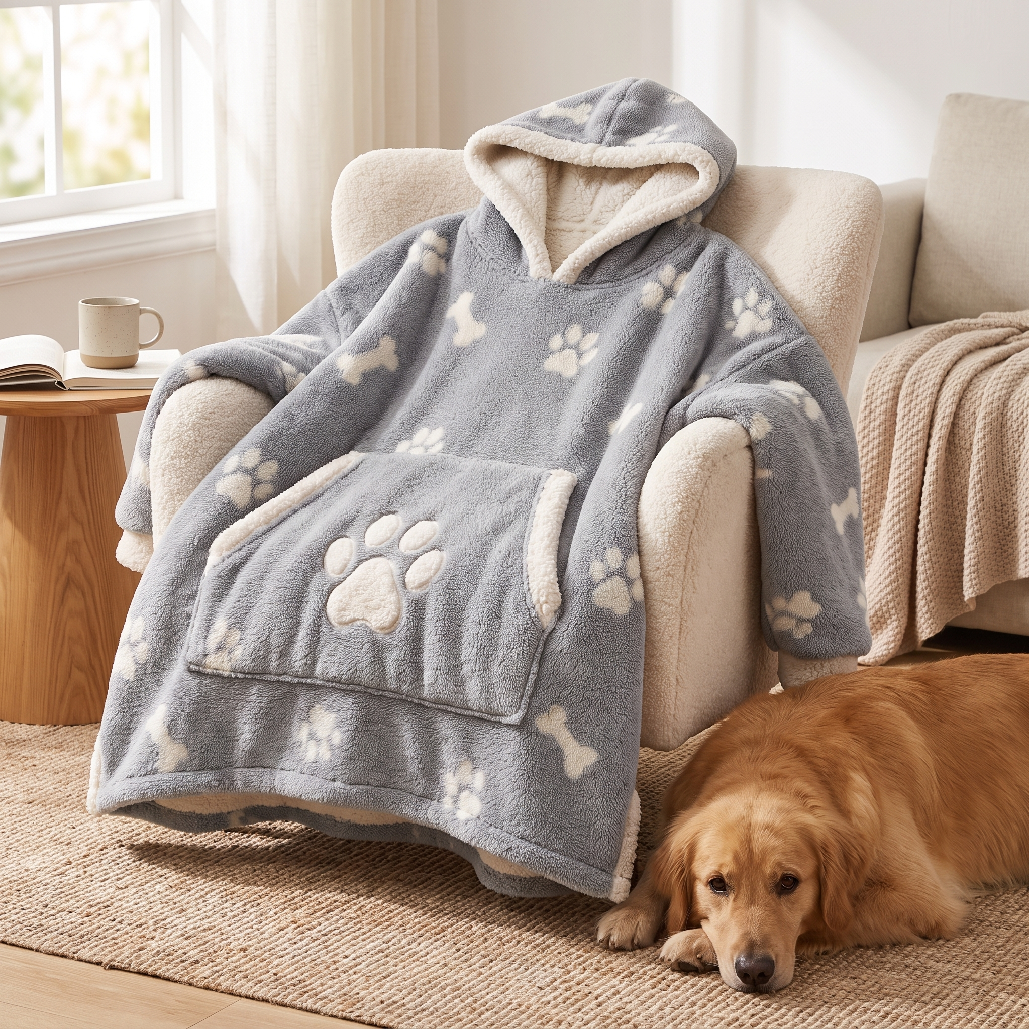 The Cuddle paw-print blanket hoodie draped over an armchair with a golden retriever resting nearby