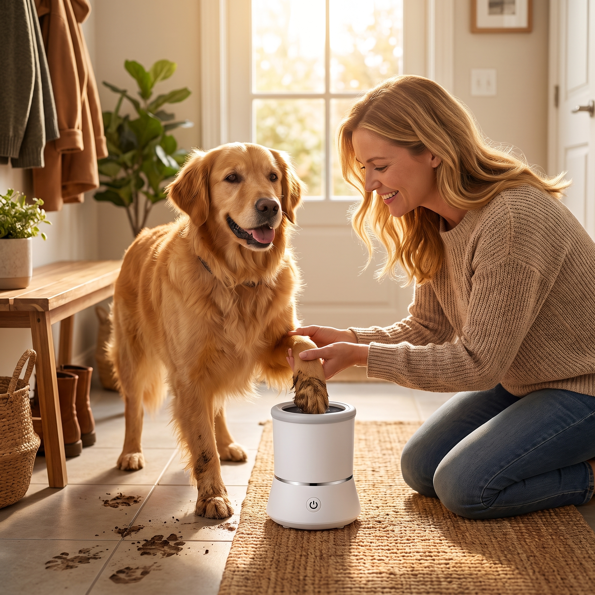 Woman cleaning her golden retriever's paw in the white Dip automatic dog paw cleaner by the door