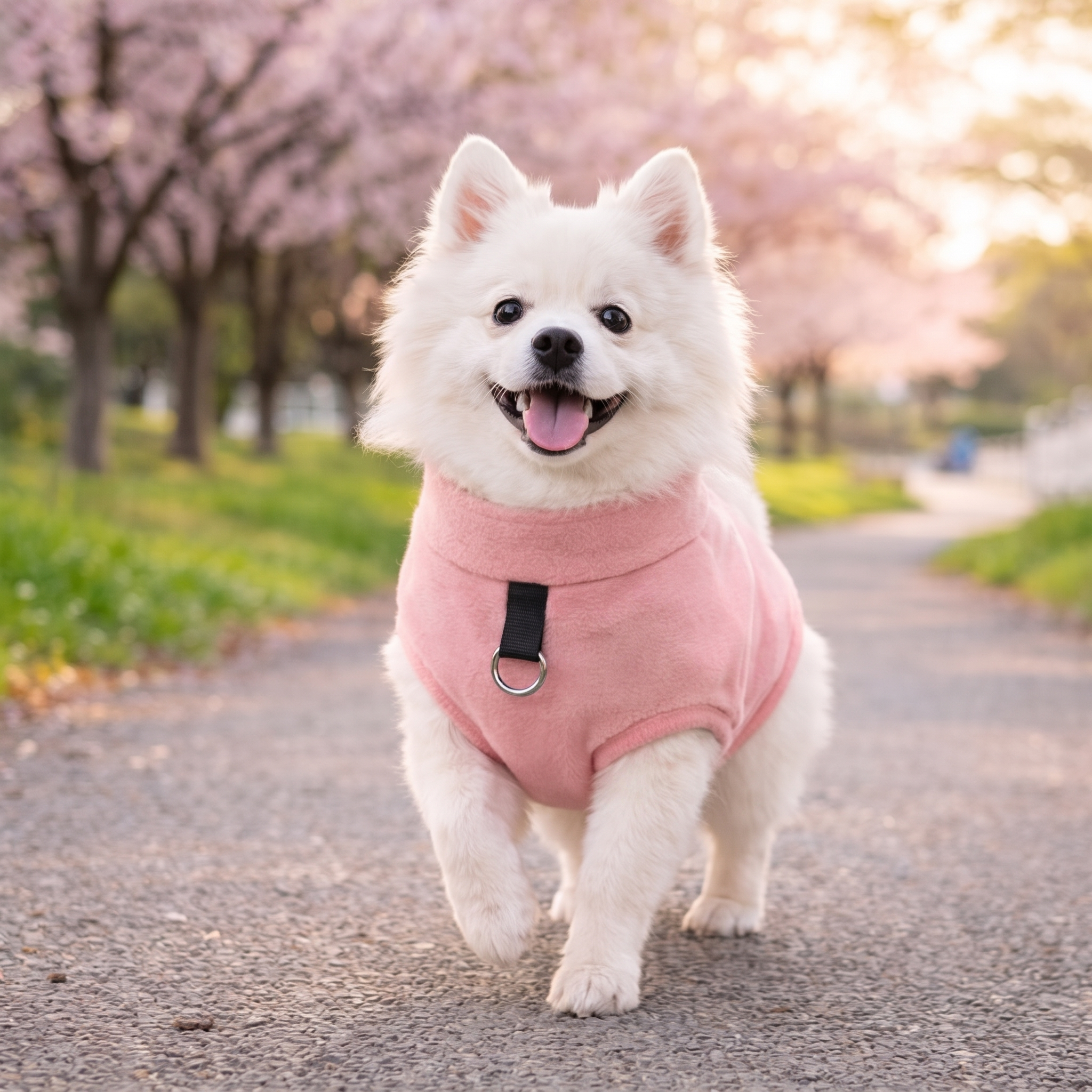 Pomeranian wearing the pink Toasty fleece dog sweater among cherry blossoms